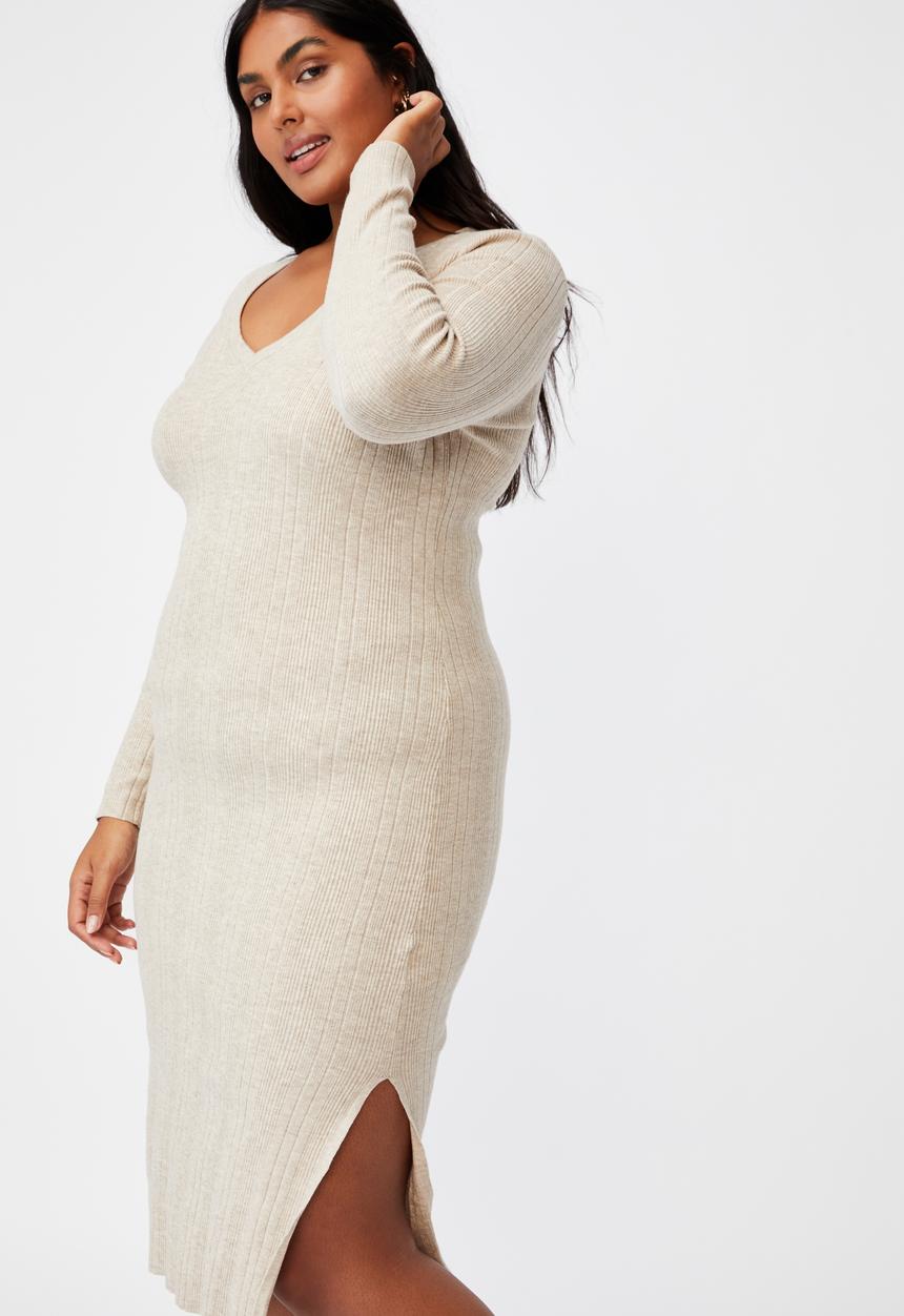 Cotton On - Curve emily long sleeve midi split dress - taupe marle