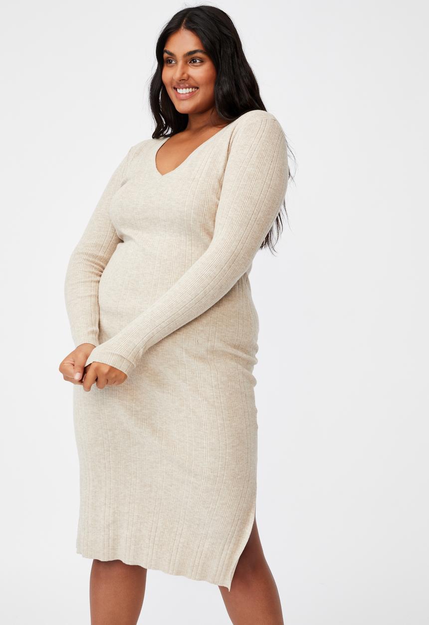 Cotton On - Curve emily long sleeve midi split dress - taupe marle