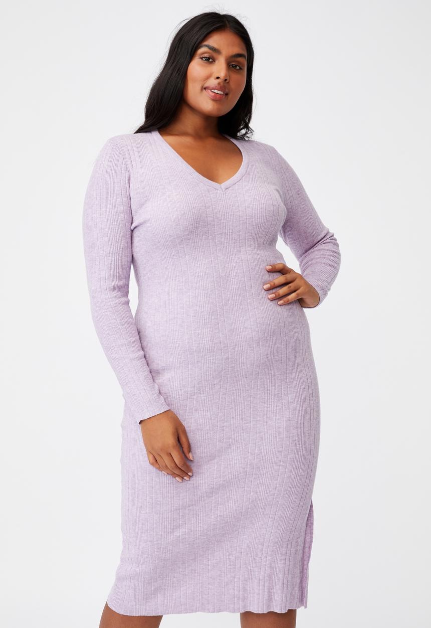 Cotton On - Curve emily long sleeve midi split dress - lilac bloom marle