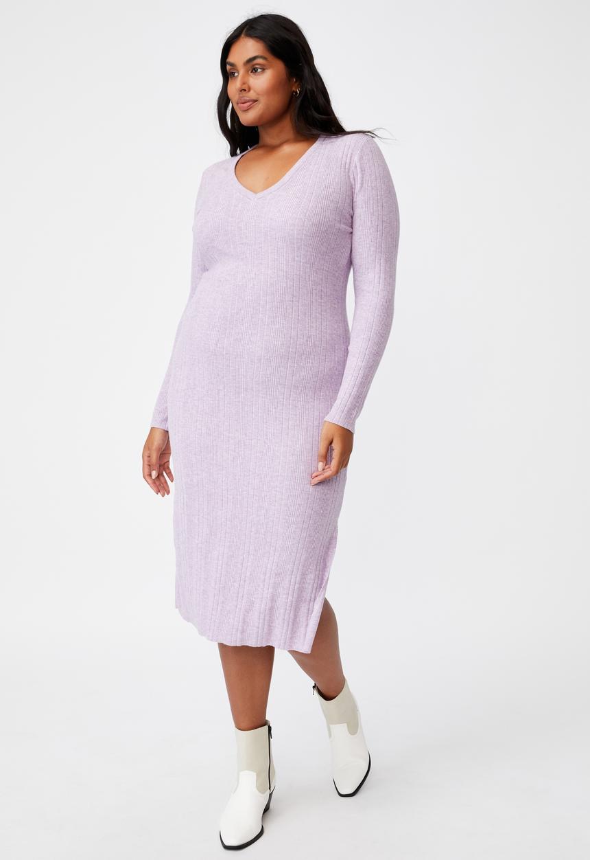 Cotton On - Curve emily long sleeve midi split dress - lilac bloom marle