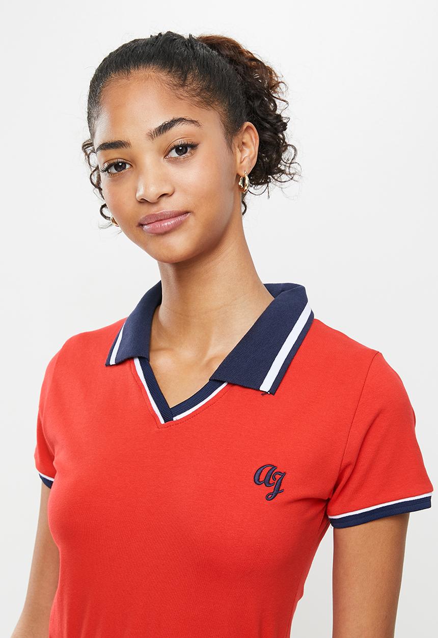 Aca Joe - Collared drawstring short sleeve dress - red