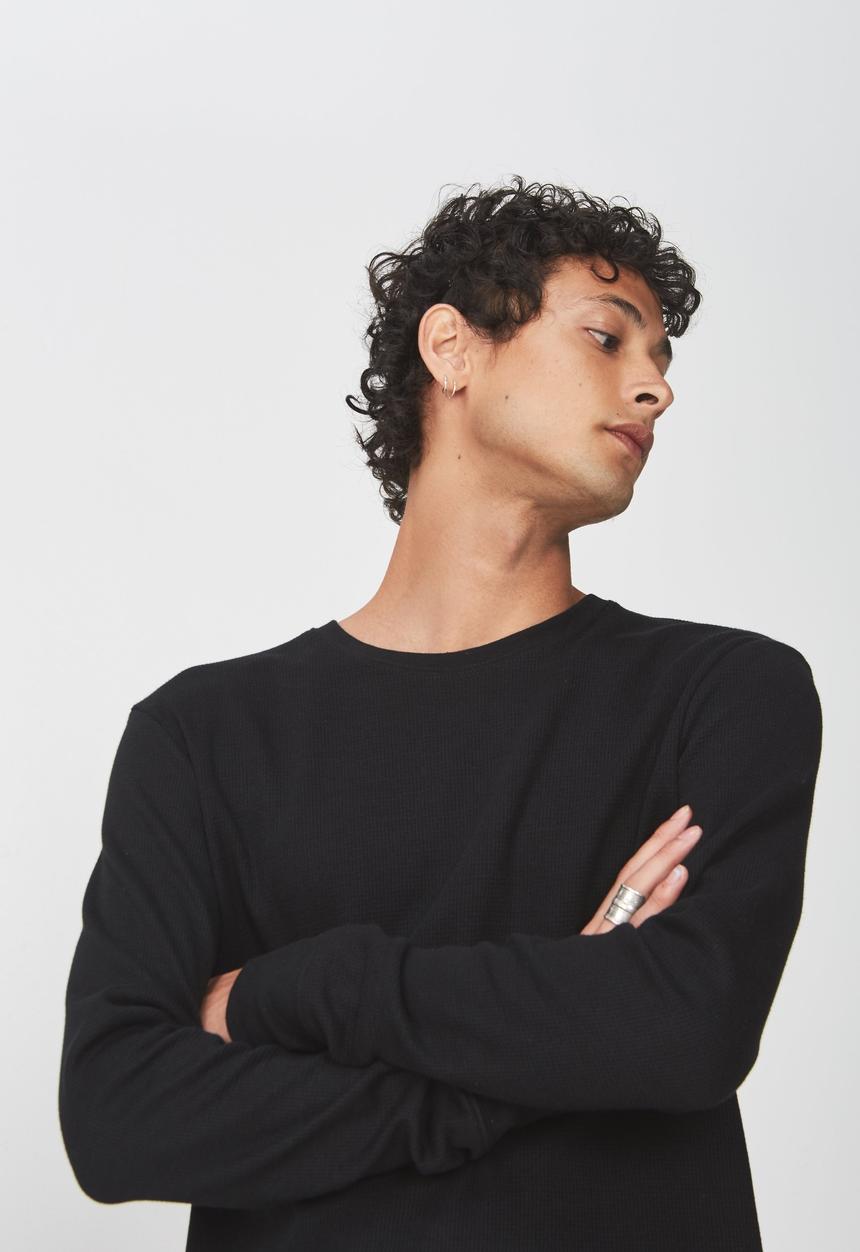 Cotton On - Waffle long sleeve T-shirt - black