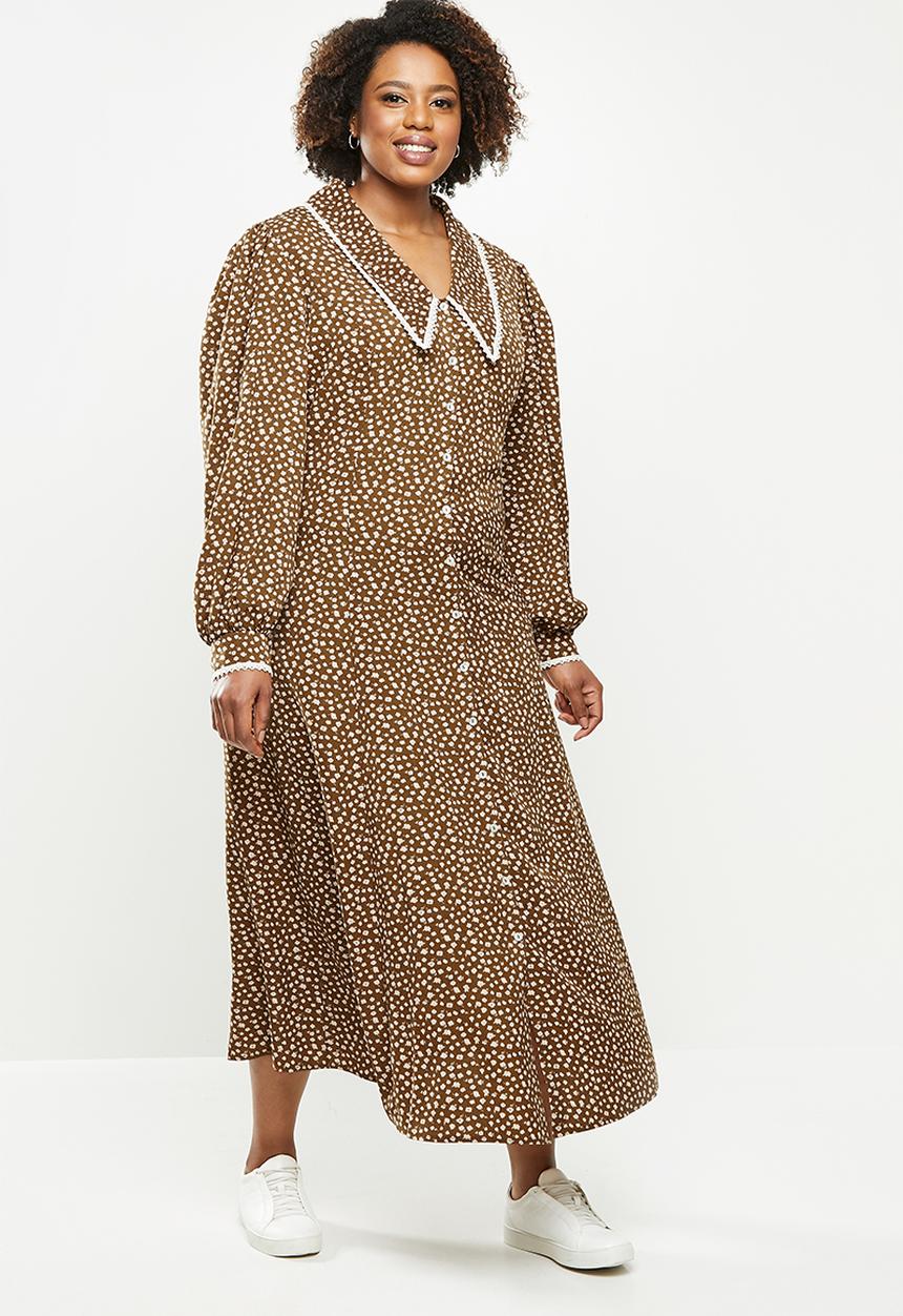 Me&B - Plus dropped collar prairie dress - brown
