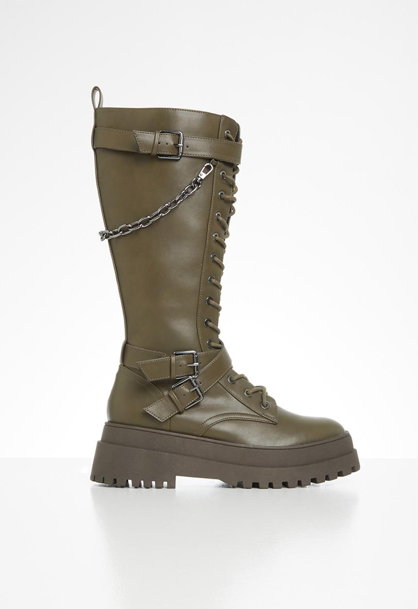 Public Desire - Amari lace up chunky knee high boot - olive