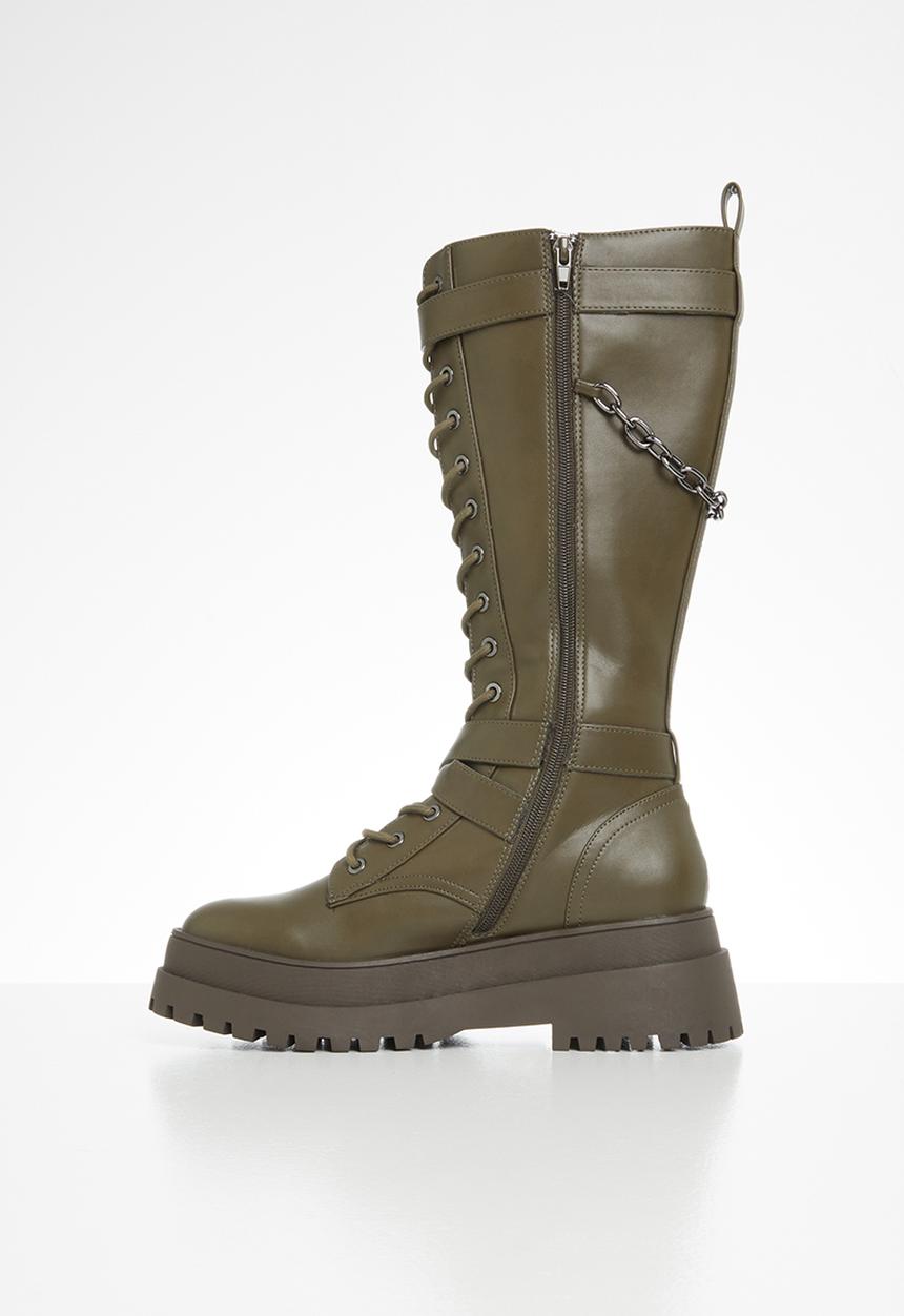 Public Desire - Amari lace up chunky knee high boot - olive