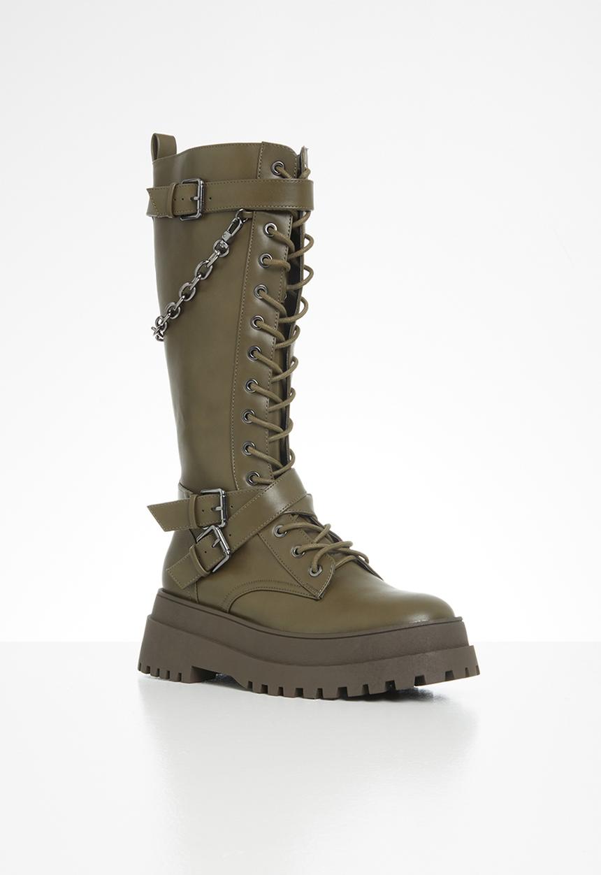 Public Desire - Amari lace up chunky knee high boot - olive