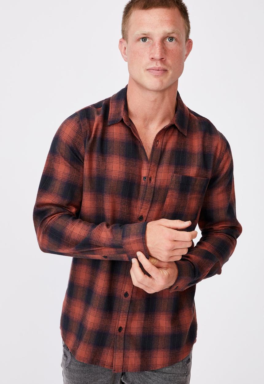 Cotton On - Washed long sleeve check shirt - burnt orange check
