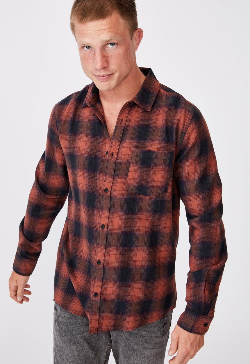 Cotton On - Washed long sleeve check shirt - burnt orange check