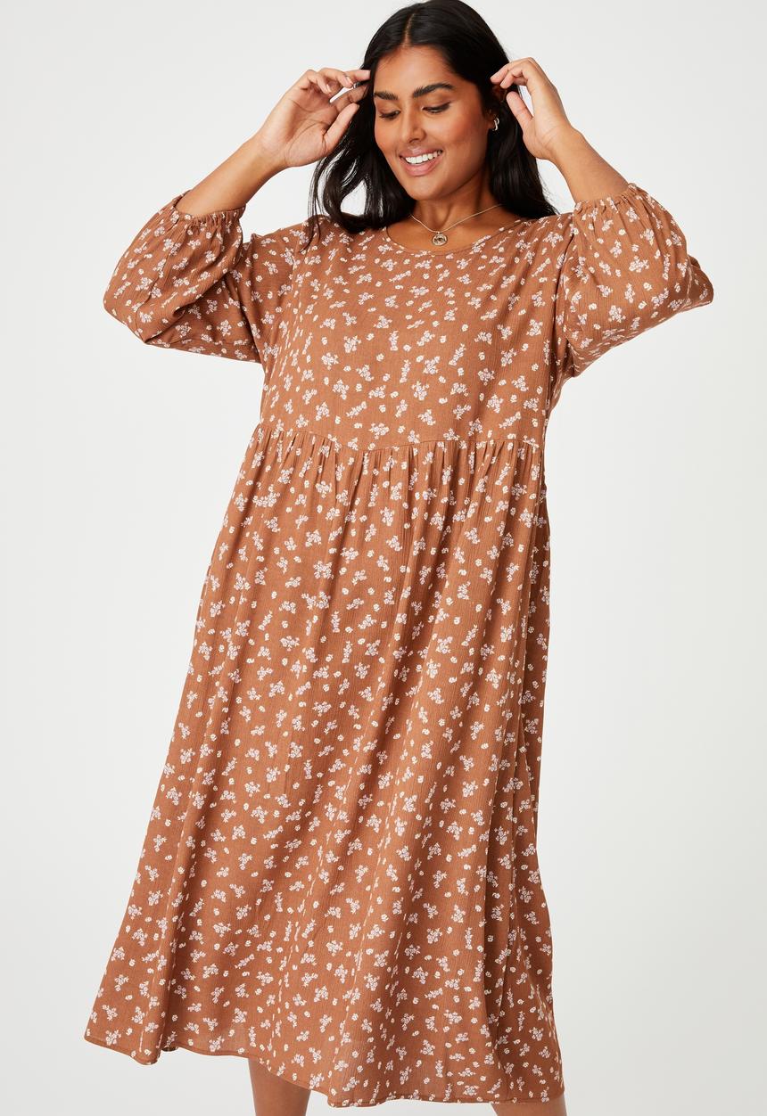 Cotton On - Curve good times babydoll 3/4 sleeve maxi dress - riddle ditsy leaf brown