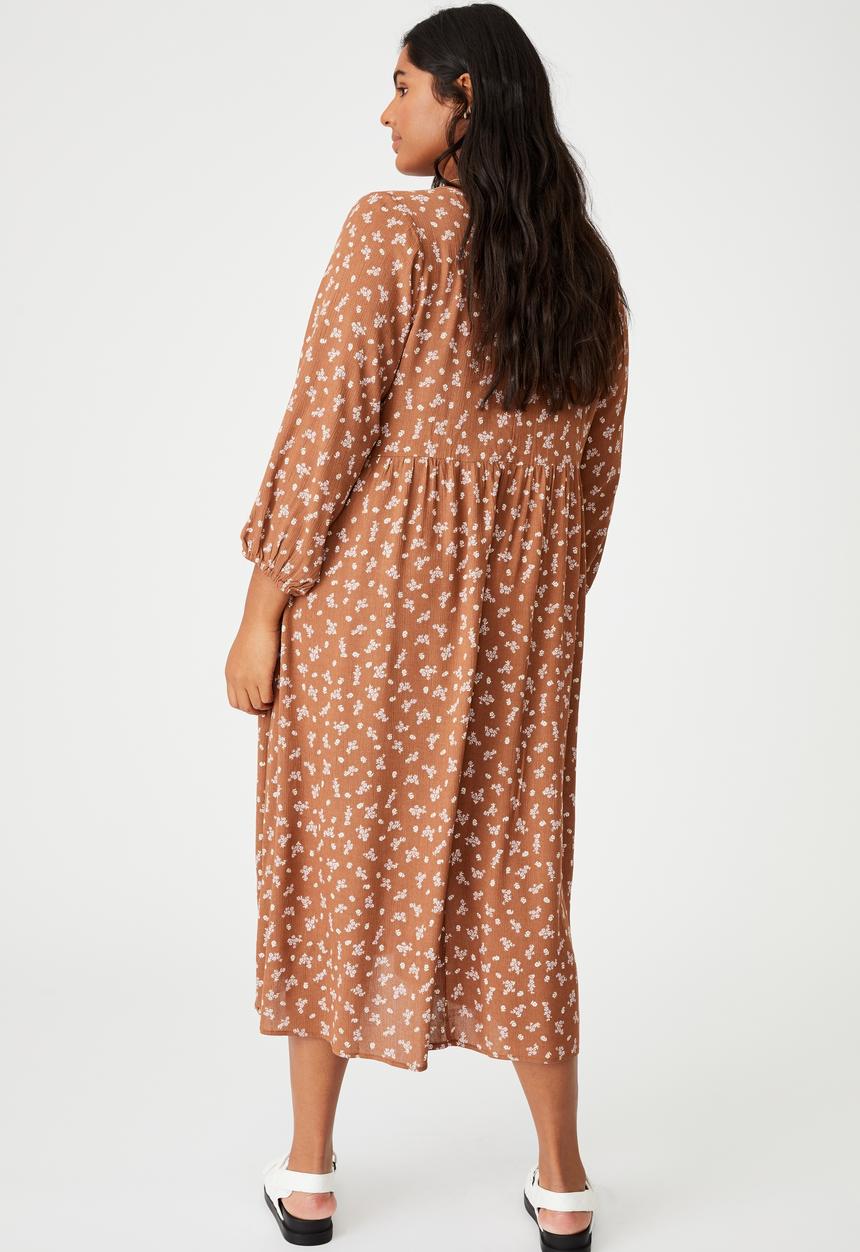 Cotton On - Curve good times babydoll 3/4 sleeve maxi dress - riddle ditsy leaf brown