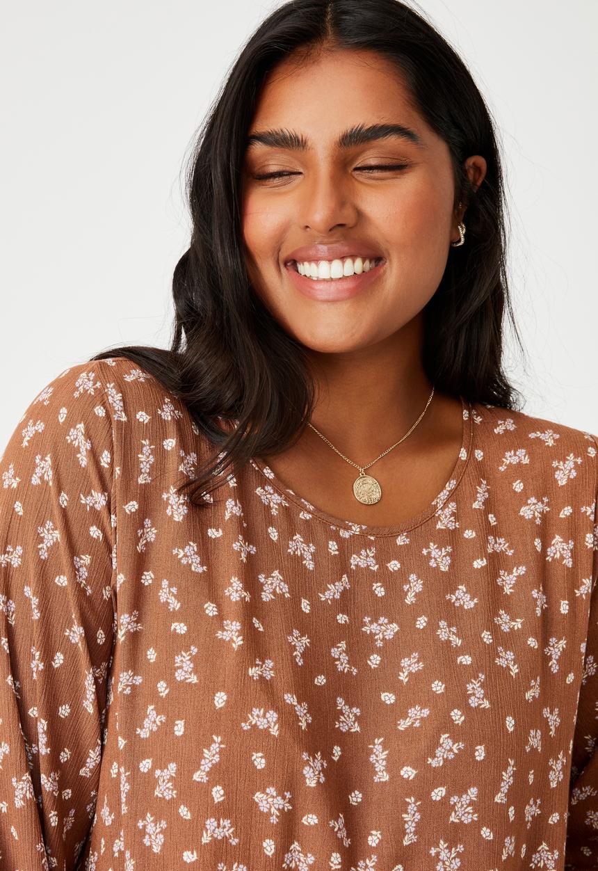 Cotton On - Curve good times babydoll 3/4 sleeve maxi dress - riddle ditsy leaf brown