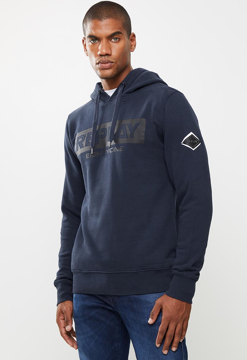 Replay - Replay label print hoodie - navy