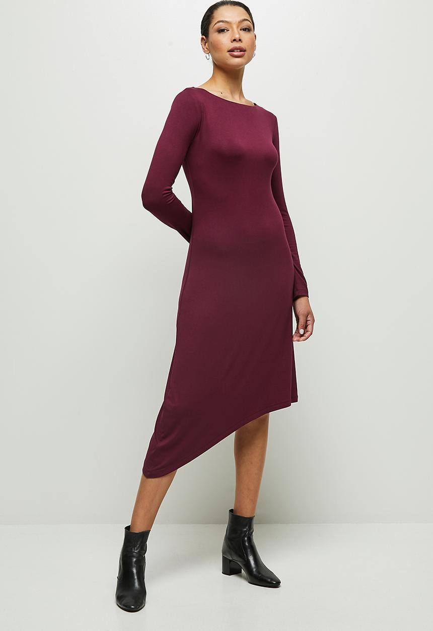 edit - Long sleeve asymmetric hem slash neck midi - burgundy