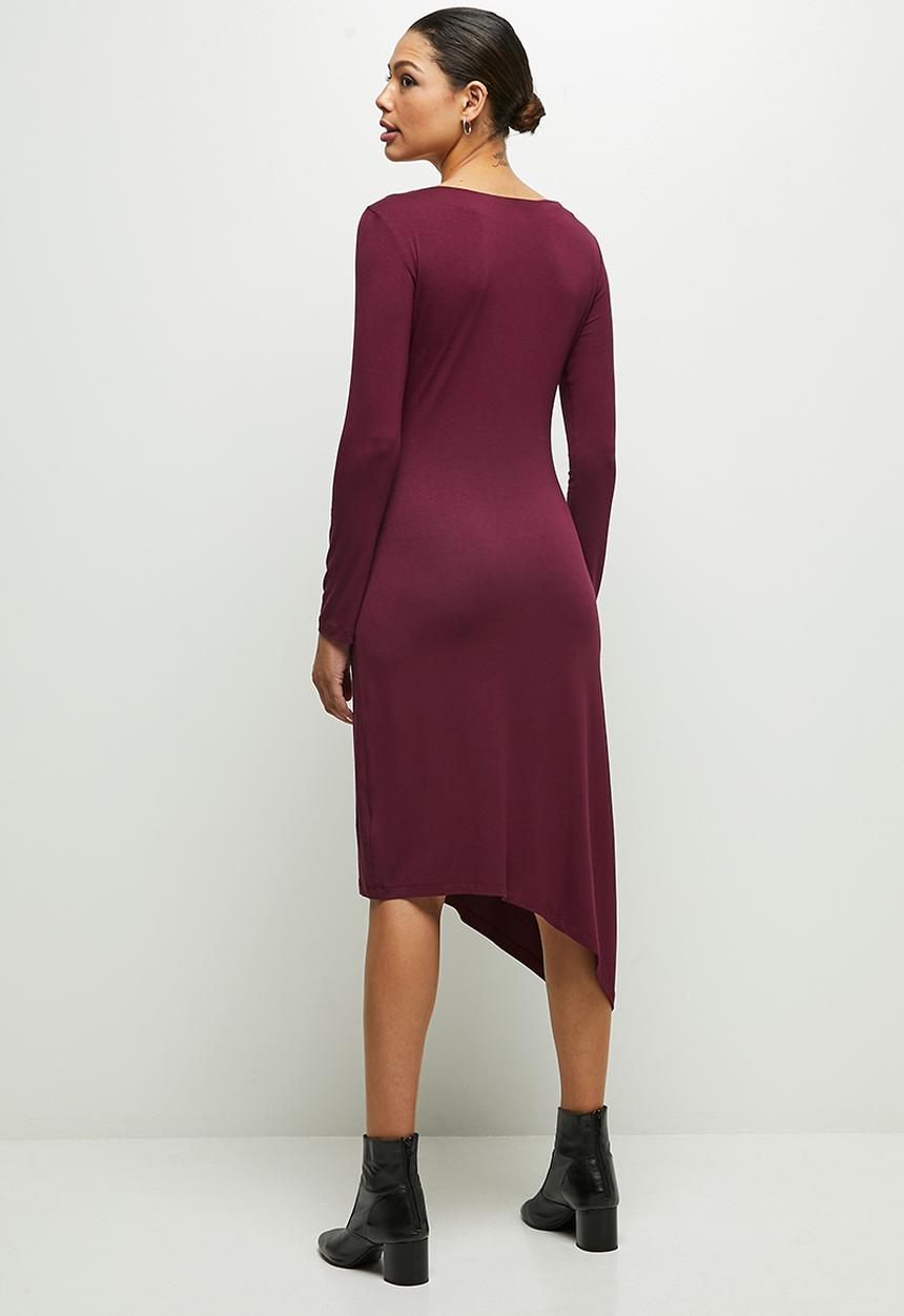 edit - Long sleeve asymmetric hem slash neck midi - burgundy