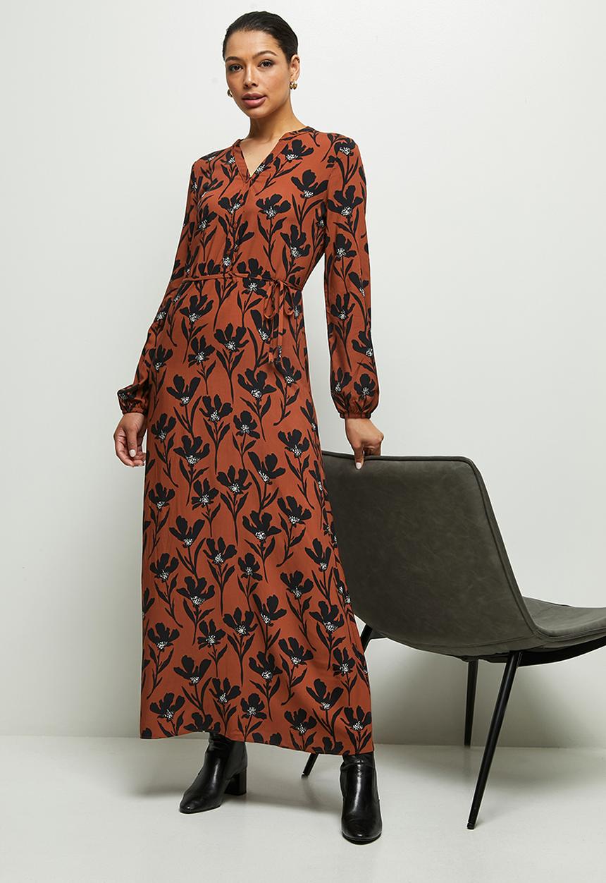 edit - Mandarin waist woven maxi - rust & black 