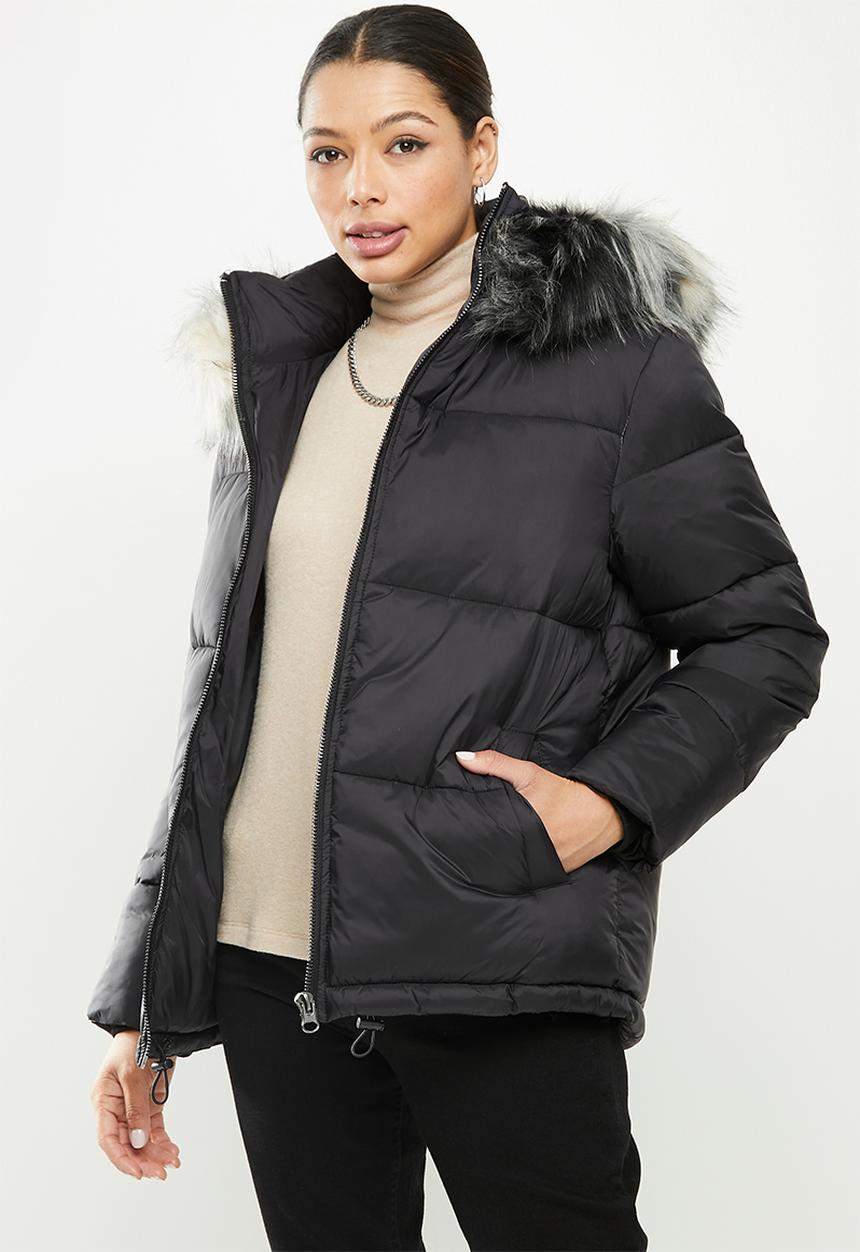 Missguided - Cire stripe fur hooded puffer - black