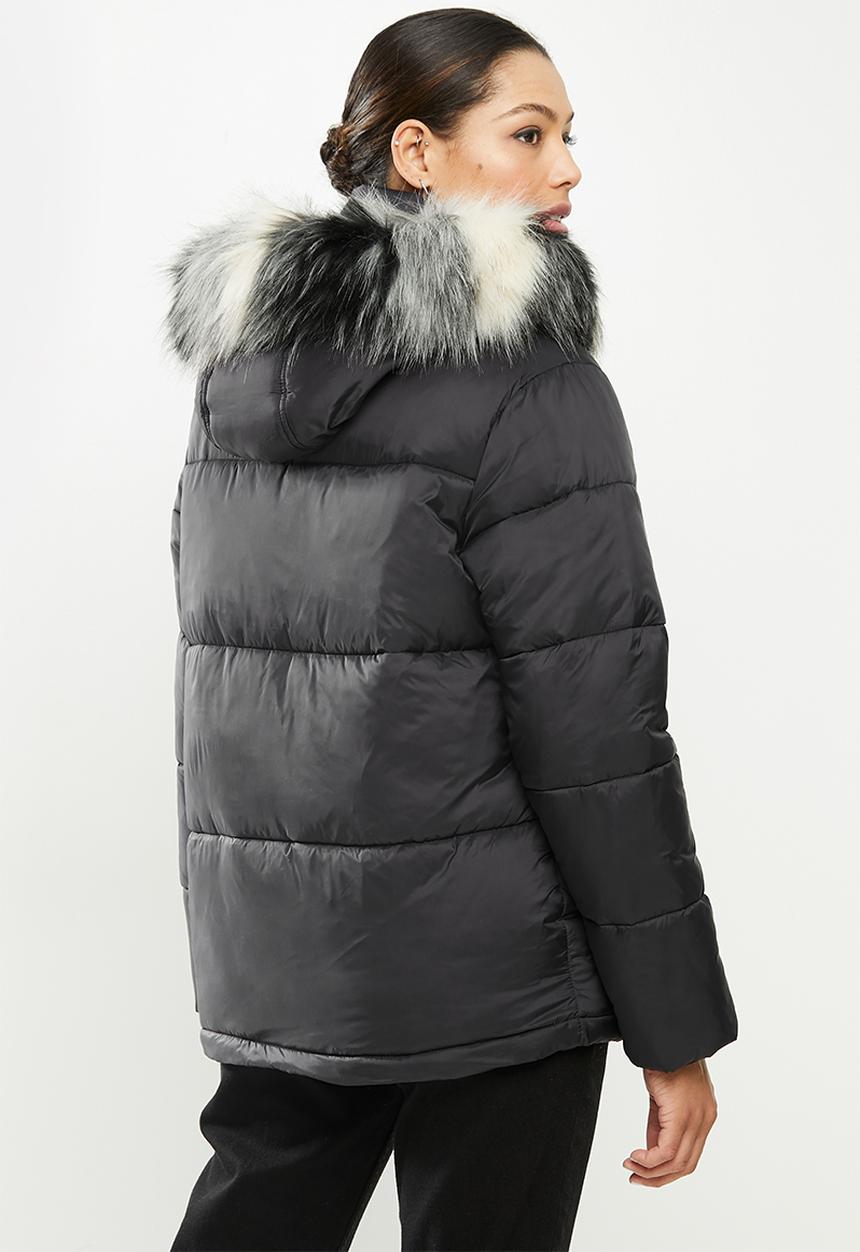 Missguided - Cire stripe fur hooded puffer - black