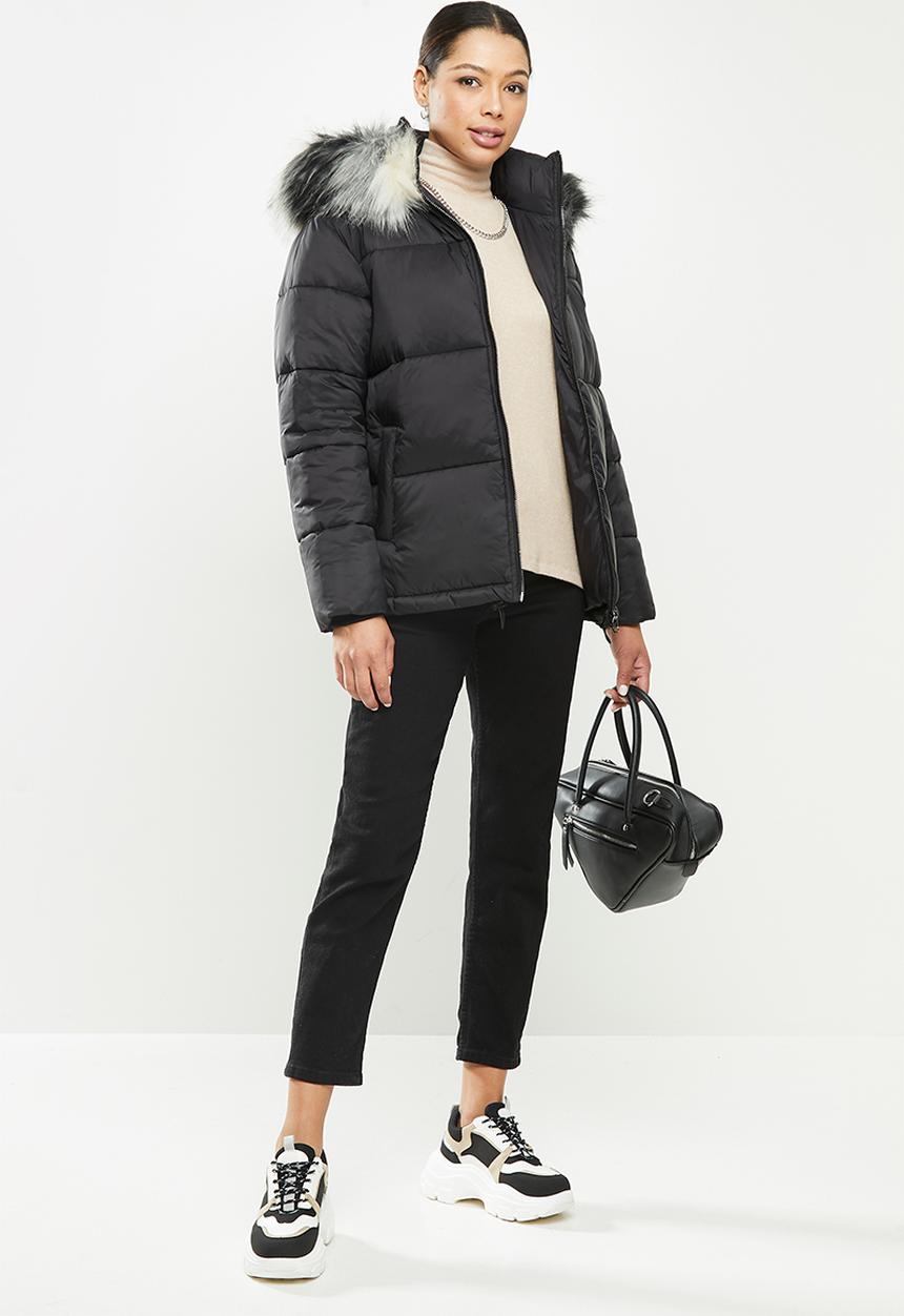 Missguided - Cire stripe fur hooded puffer - black