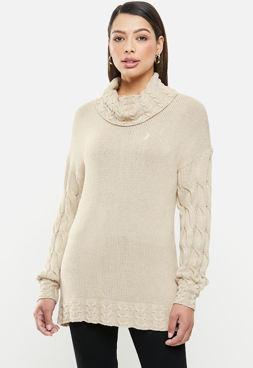 POLO - Esther ribbed polo/cable sleeve - stone