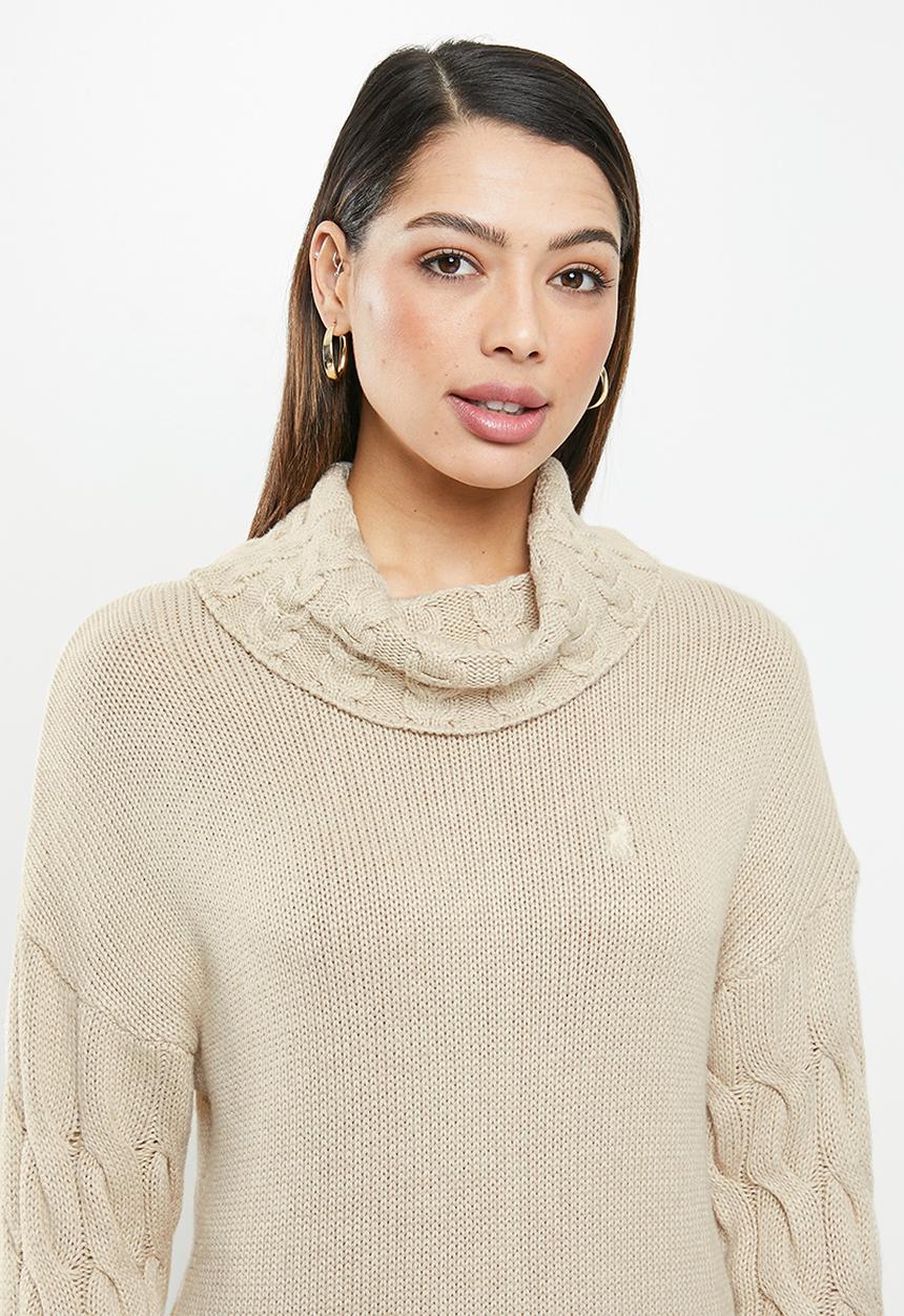 POLO - Esther ribbed polo/cable sleeve - stone