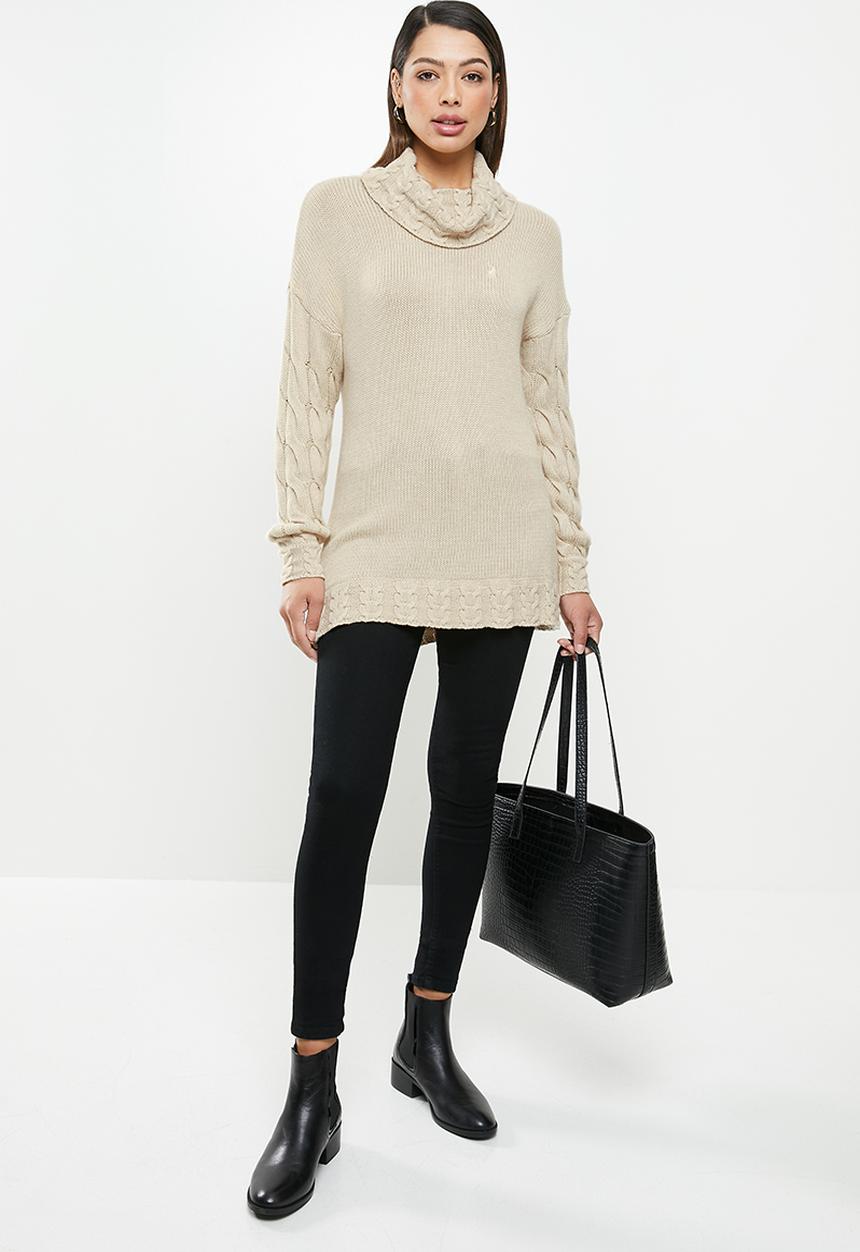 POLO - Esther ribbed polo/cable sleeve - stone