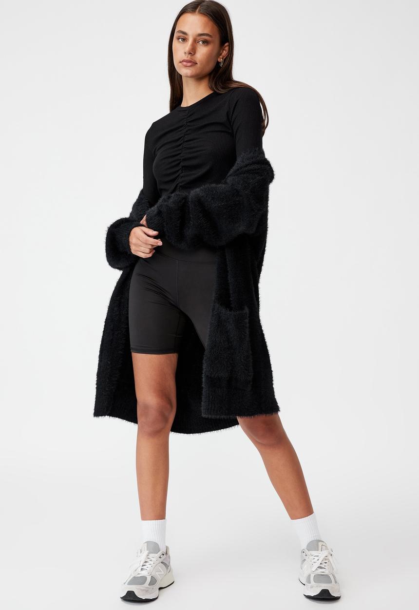 Factorie - Fluffy knit longline cardigan - black