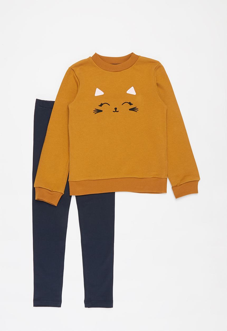 Pop Candy - Printed sweat top & leggings set - mustard & navy 