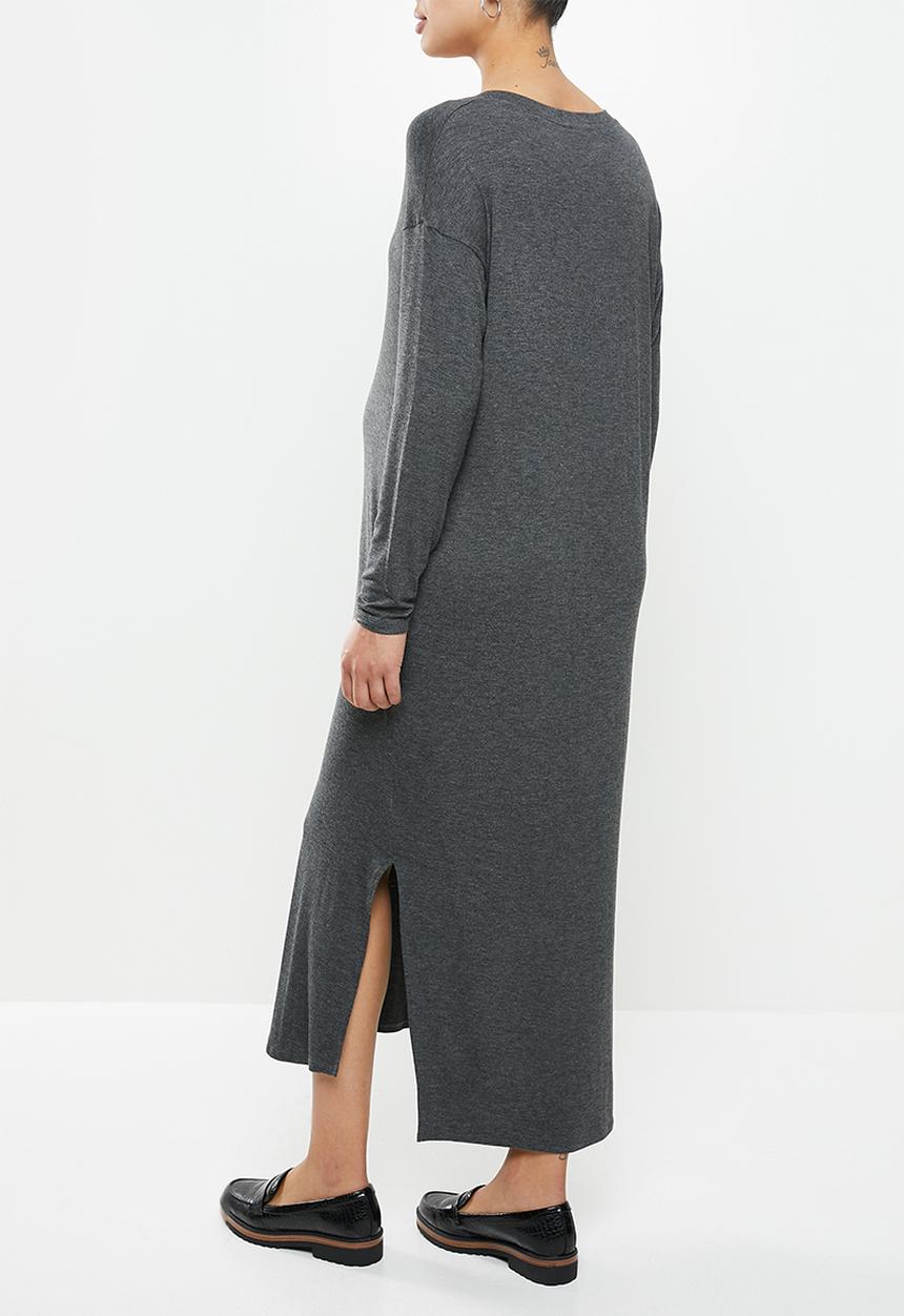 Superbalist - Easy fit v-neck long leeve tee dress - charcoal