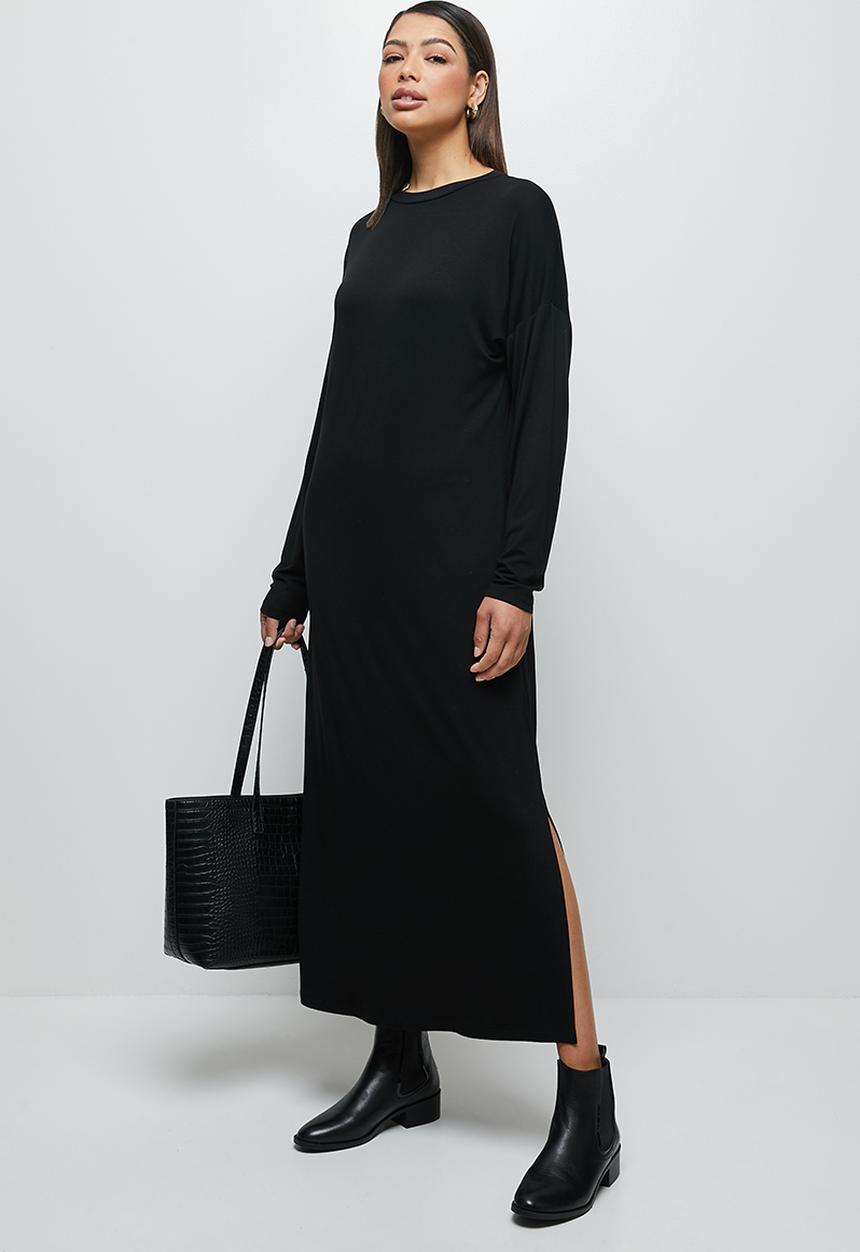 edit - Knit long sleeve slit maxi - black