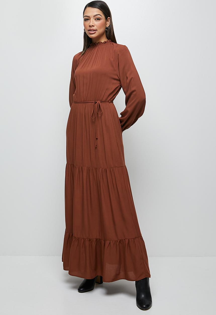 edit - Piecrust balloon sleeve tiered maxi - brown
