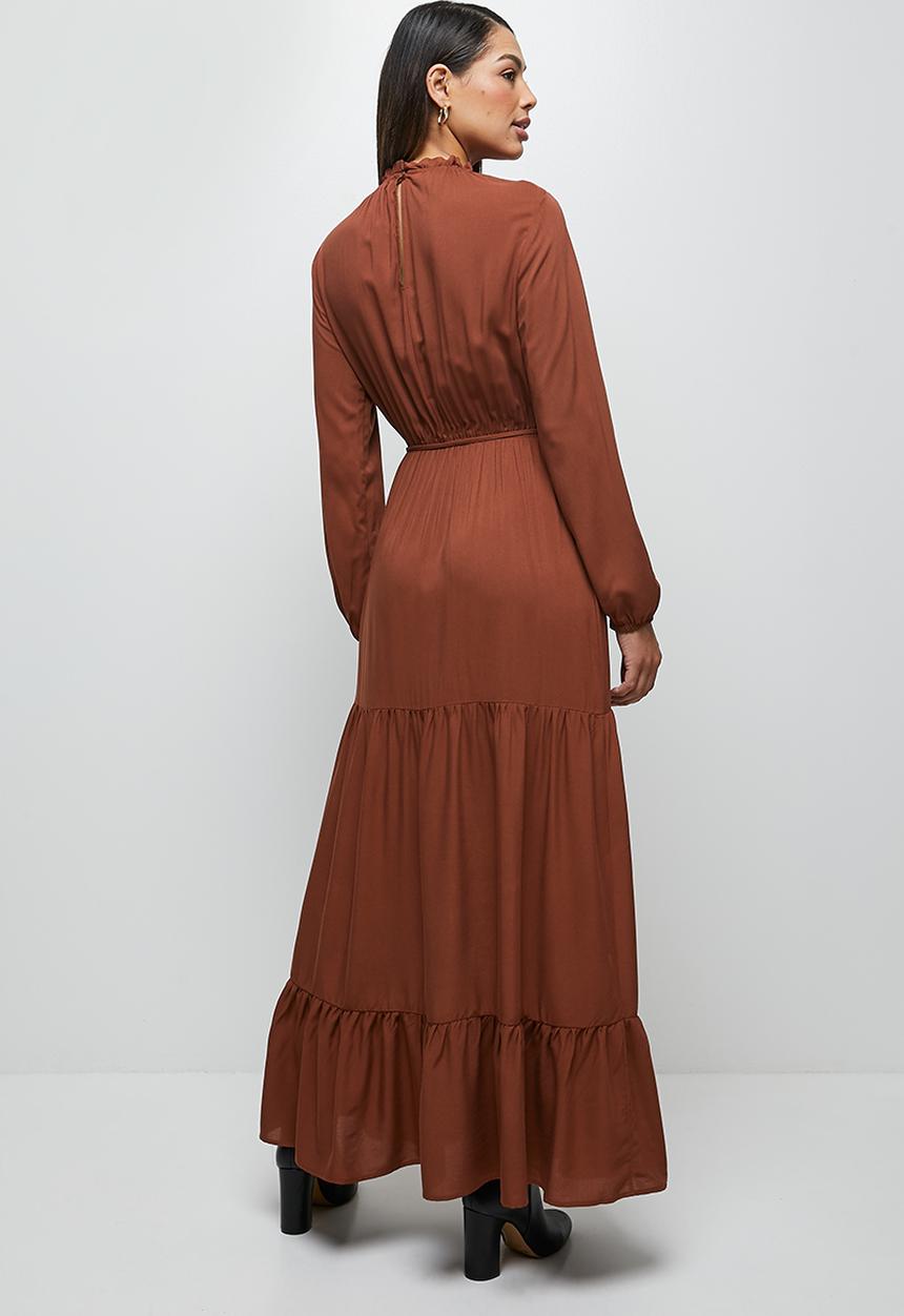 edit - Piecrust balloon sleeve tiered maxi - brown