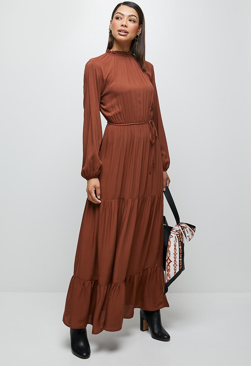 edit - Piecrust balloon sleeve tiered maxi - brown