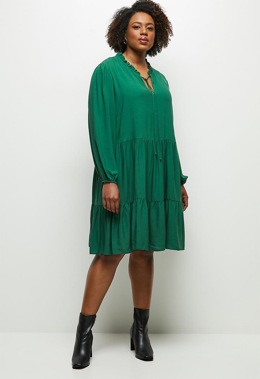 MILLA - Peached woven piecrust tiered mini dress - green
