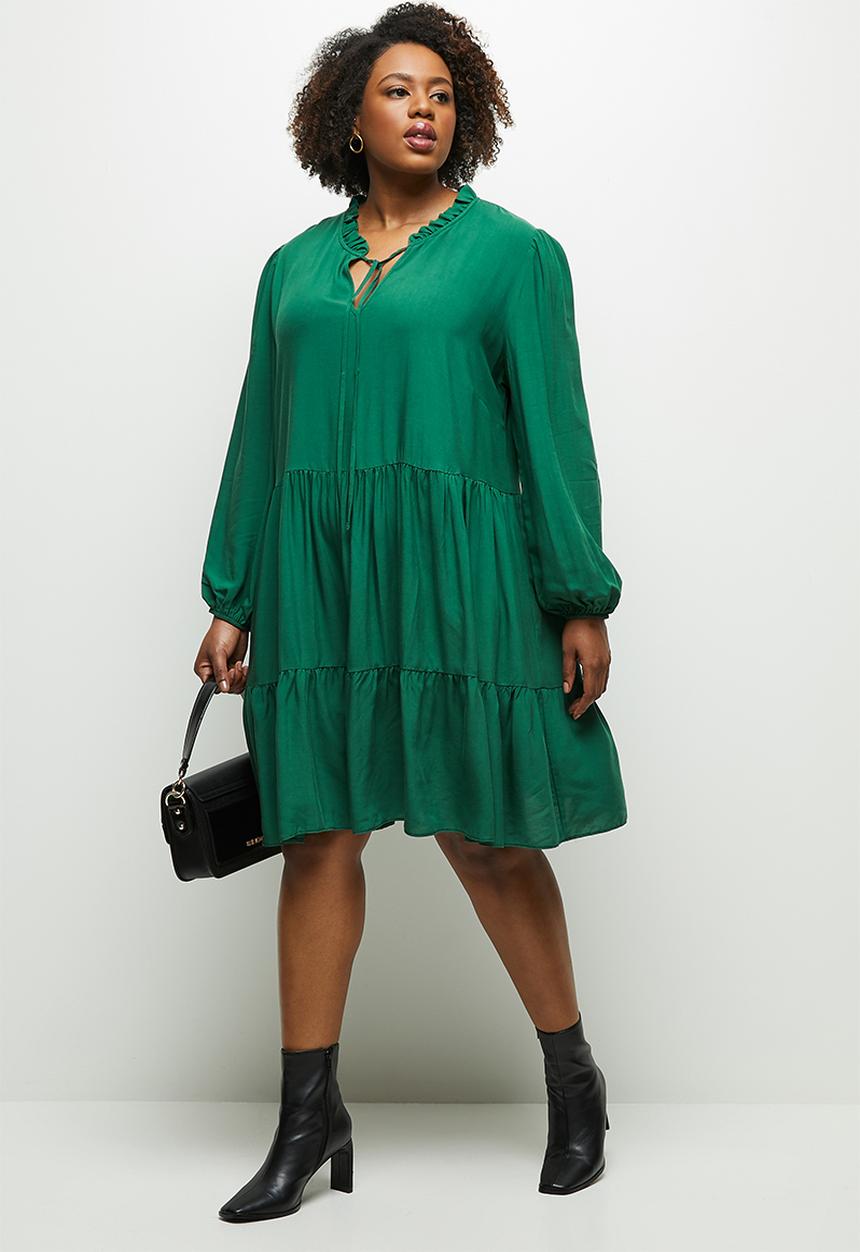MILLA - Peached woven piecrust tiered mini dress - green