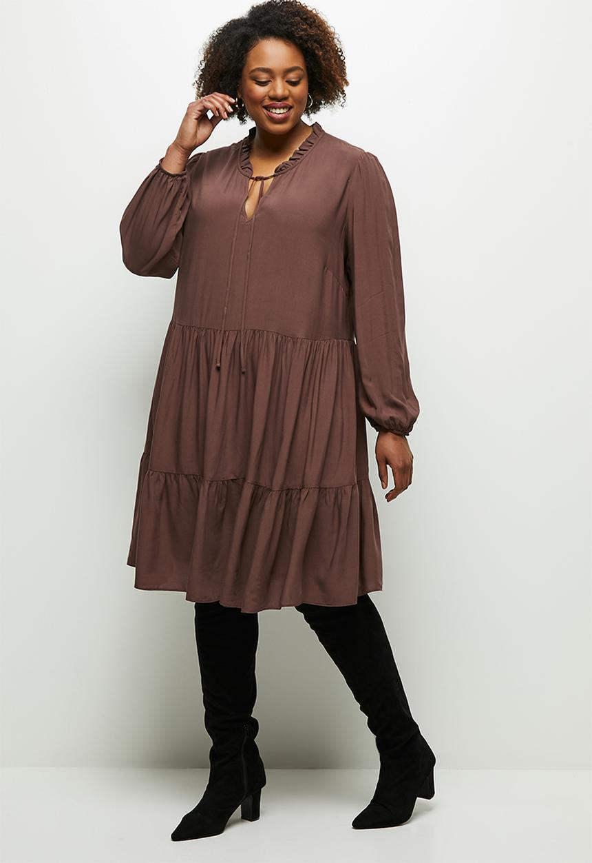 MILLA - Peached woven piecrust tiered mini dress - brown