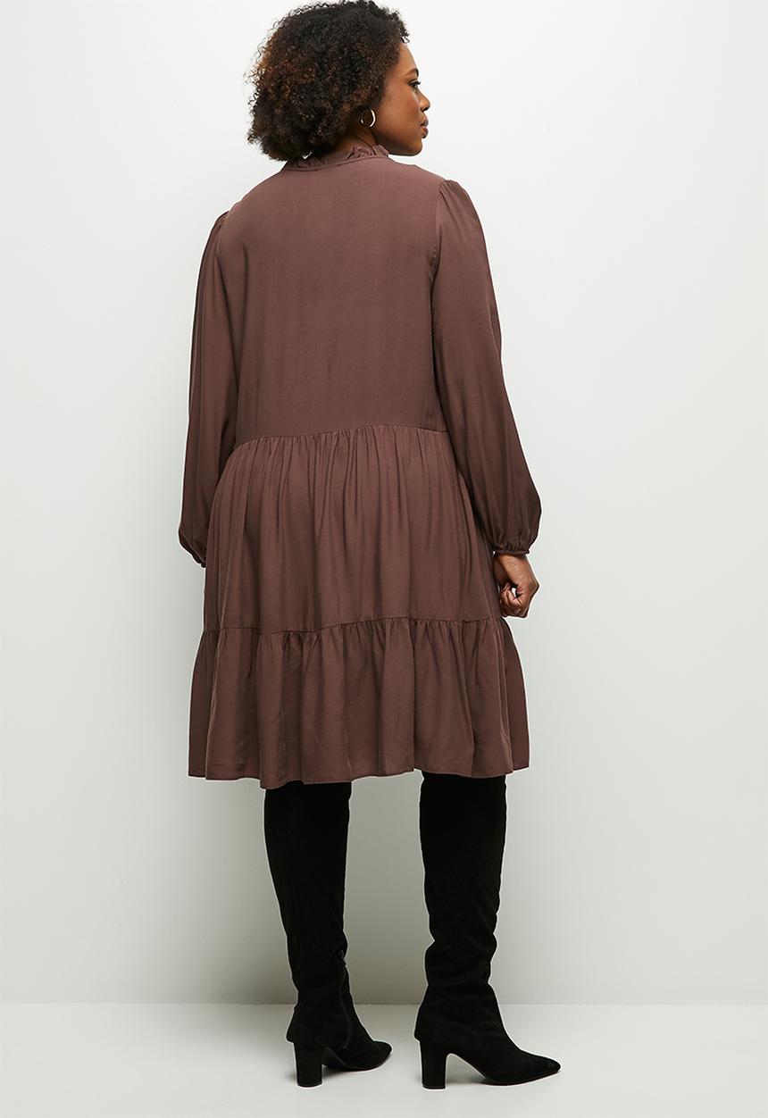 MILLA - Peached woven piecrust tiered mini dress - brown
