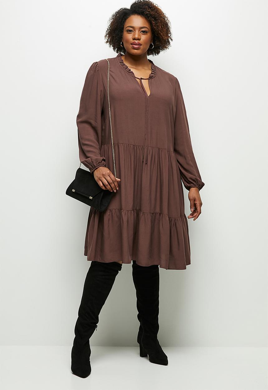 MILLA - Peached woven piecrust tiered mini dress - brown