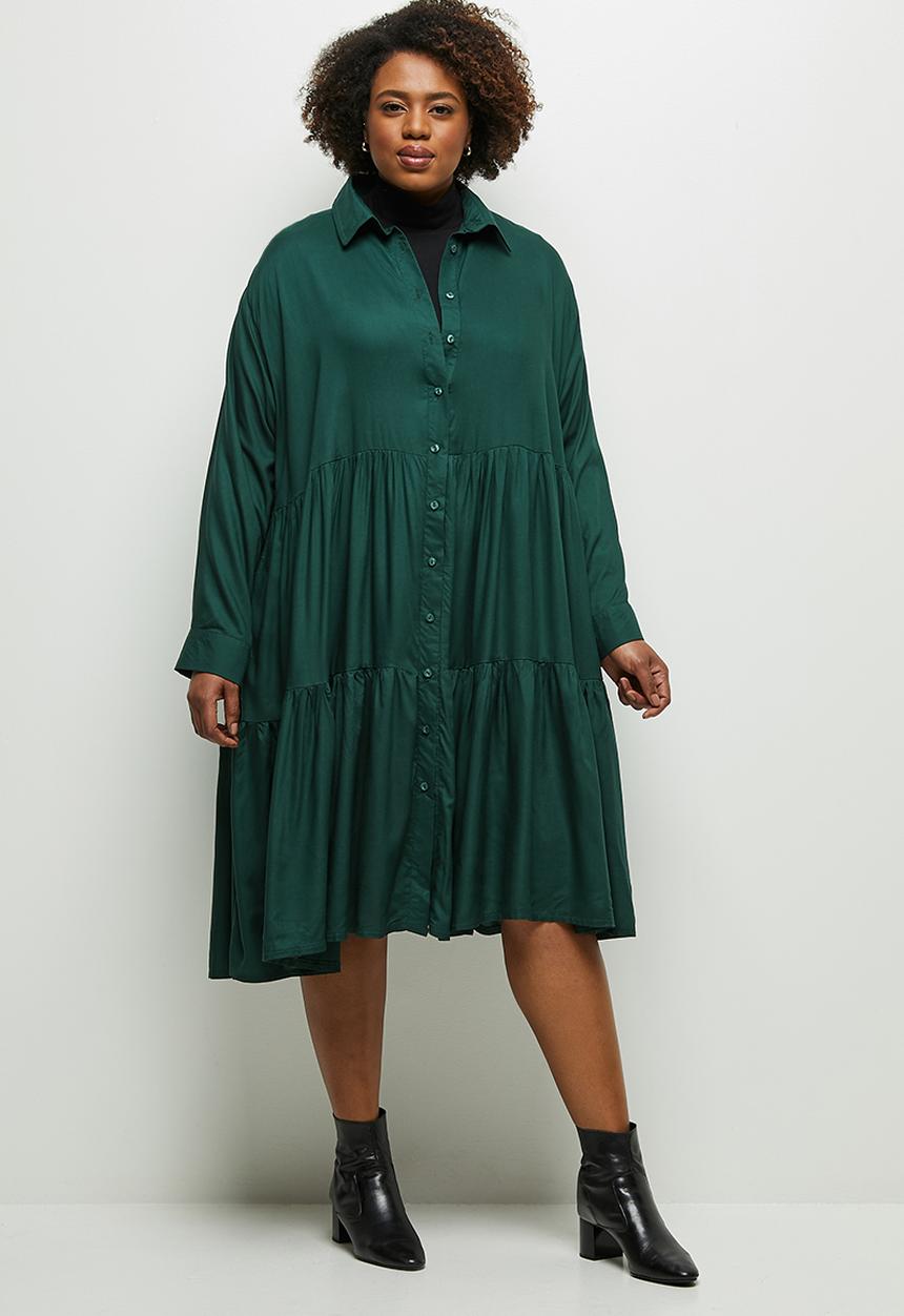 edit Plus - Tiered shirt dress - bottle green