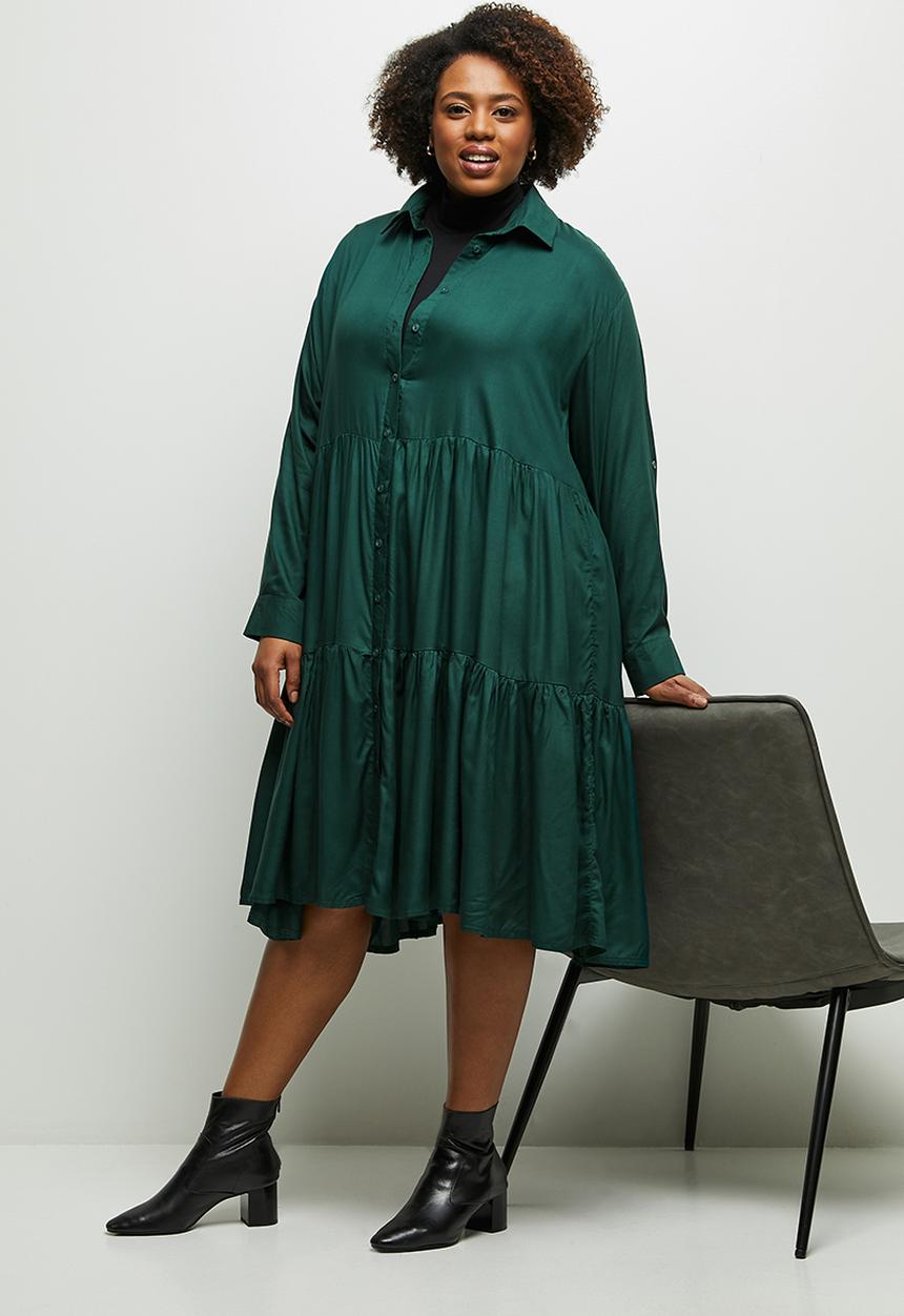 edit Plus - Tiered shirt dress - bottle green