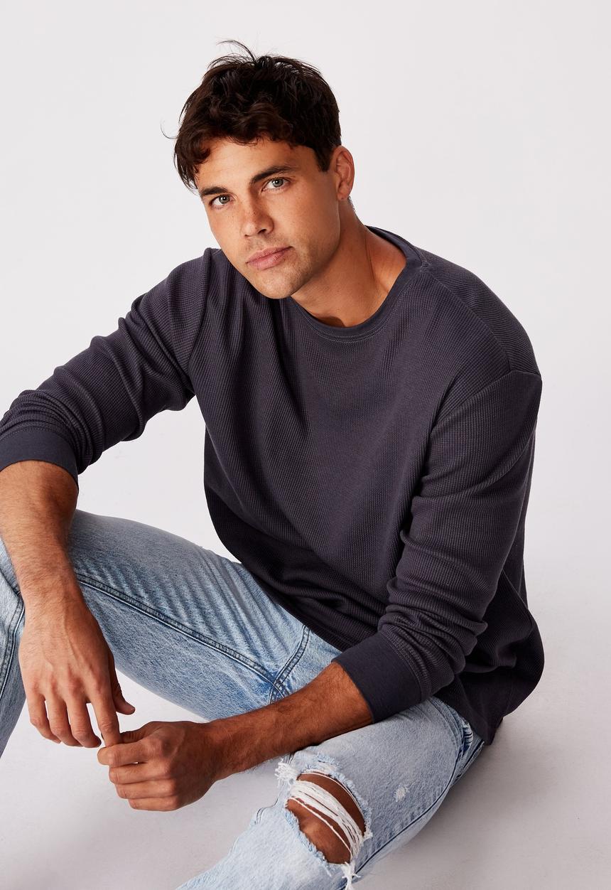 Cotton On - Waffle long sleeve T-shirt - late night blue