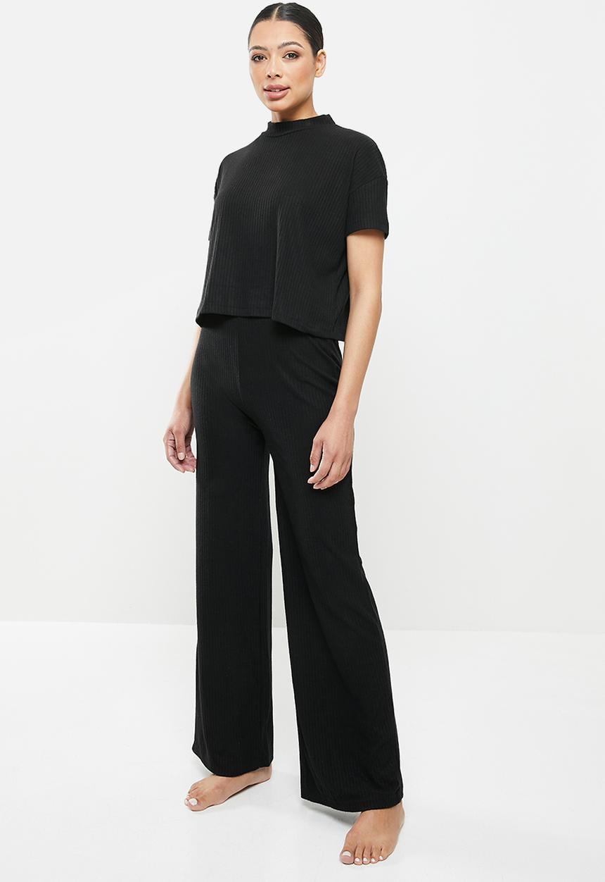 Missguided - Soft rib boxy tee wide leg lounge set - black