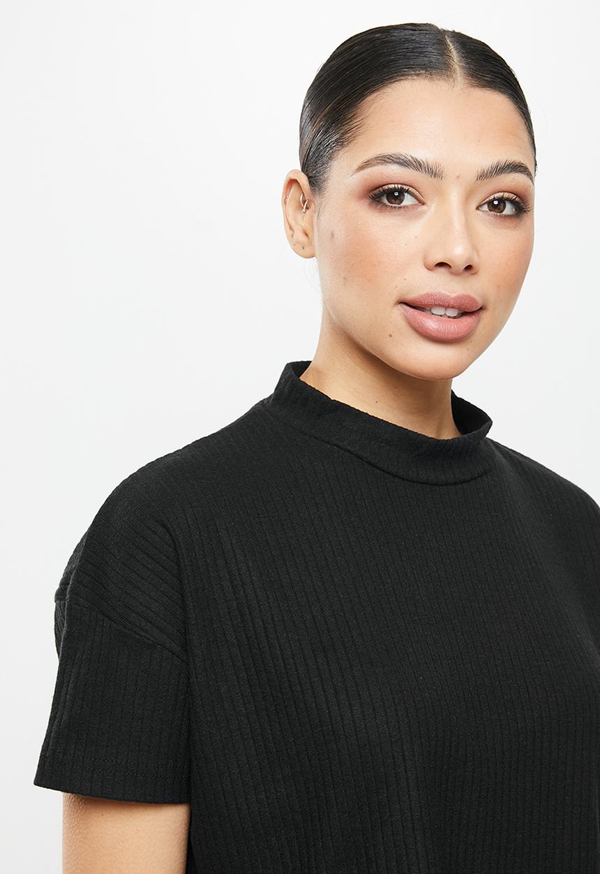 Missguided - Soft rib boxy tee wide leg lounge set - black