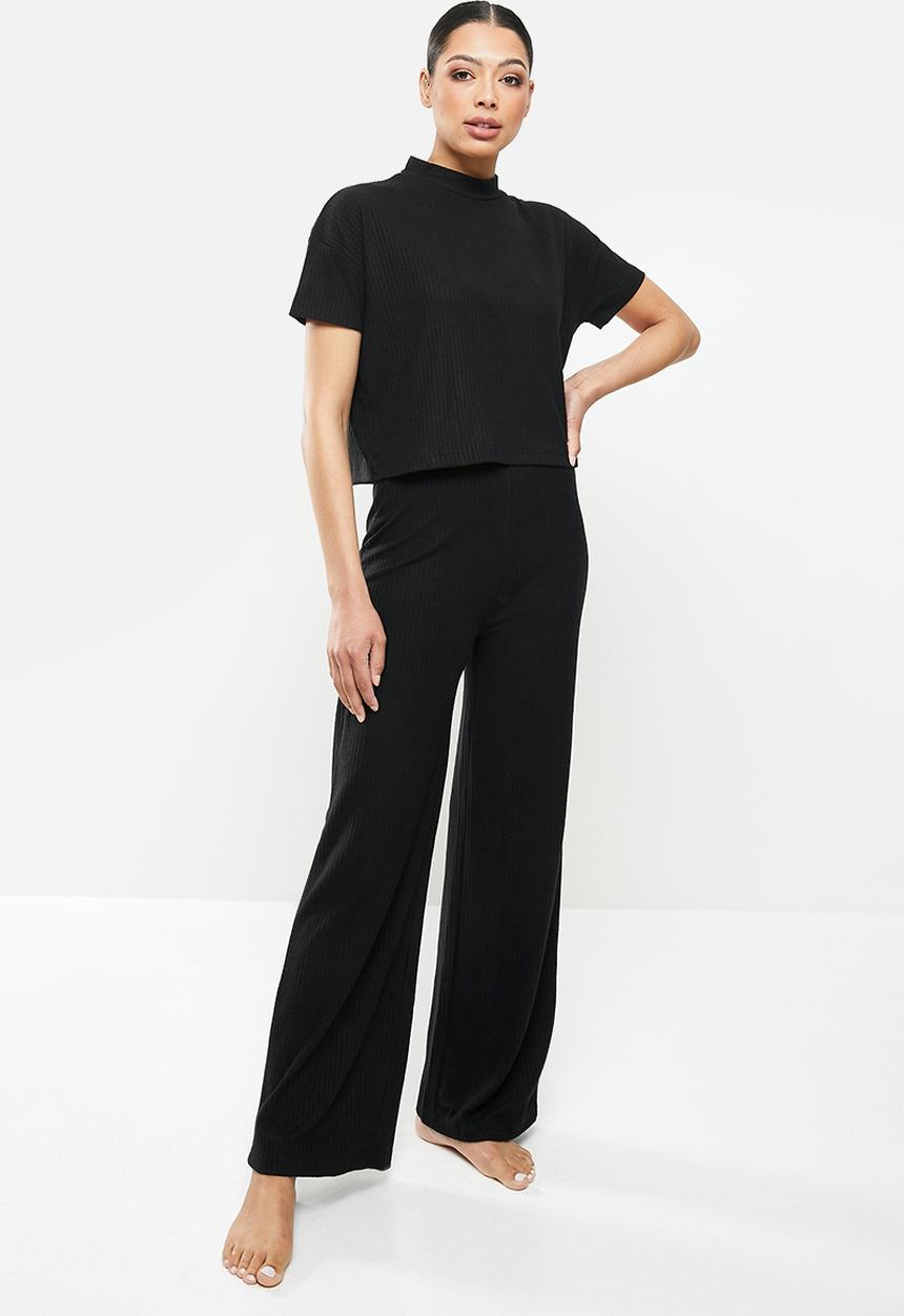 Missguided - Soft rib boxy tee wide leg lounge set - black
