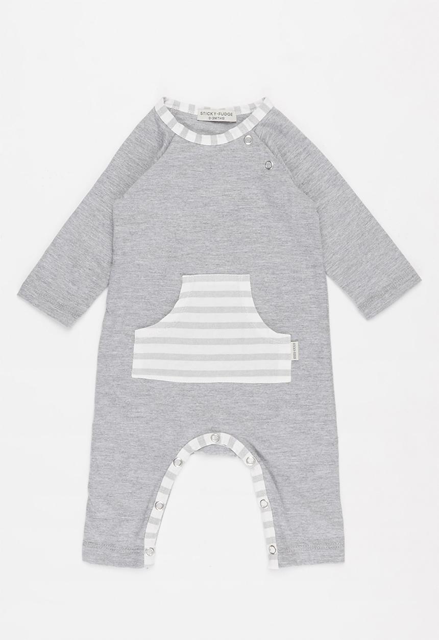Sticky Fudge - Baby kangaroo pocket babygrow - grey