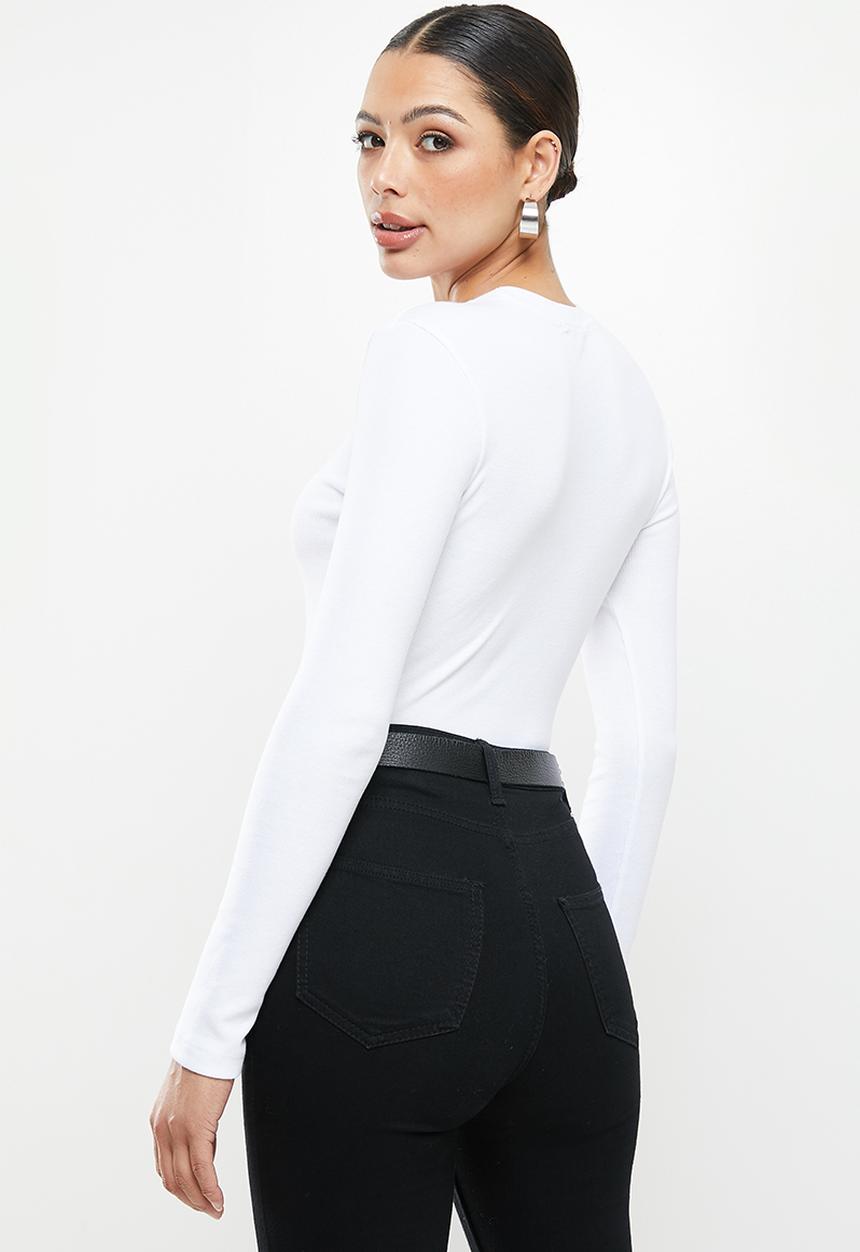 Missguided - Long sleeve crew neck ribbed top - white