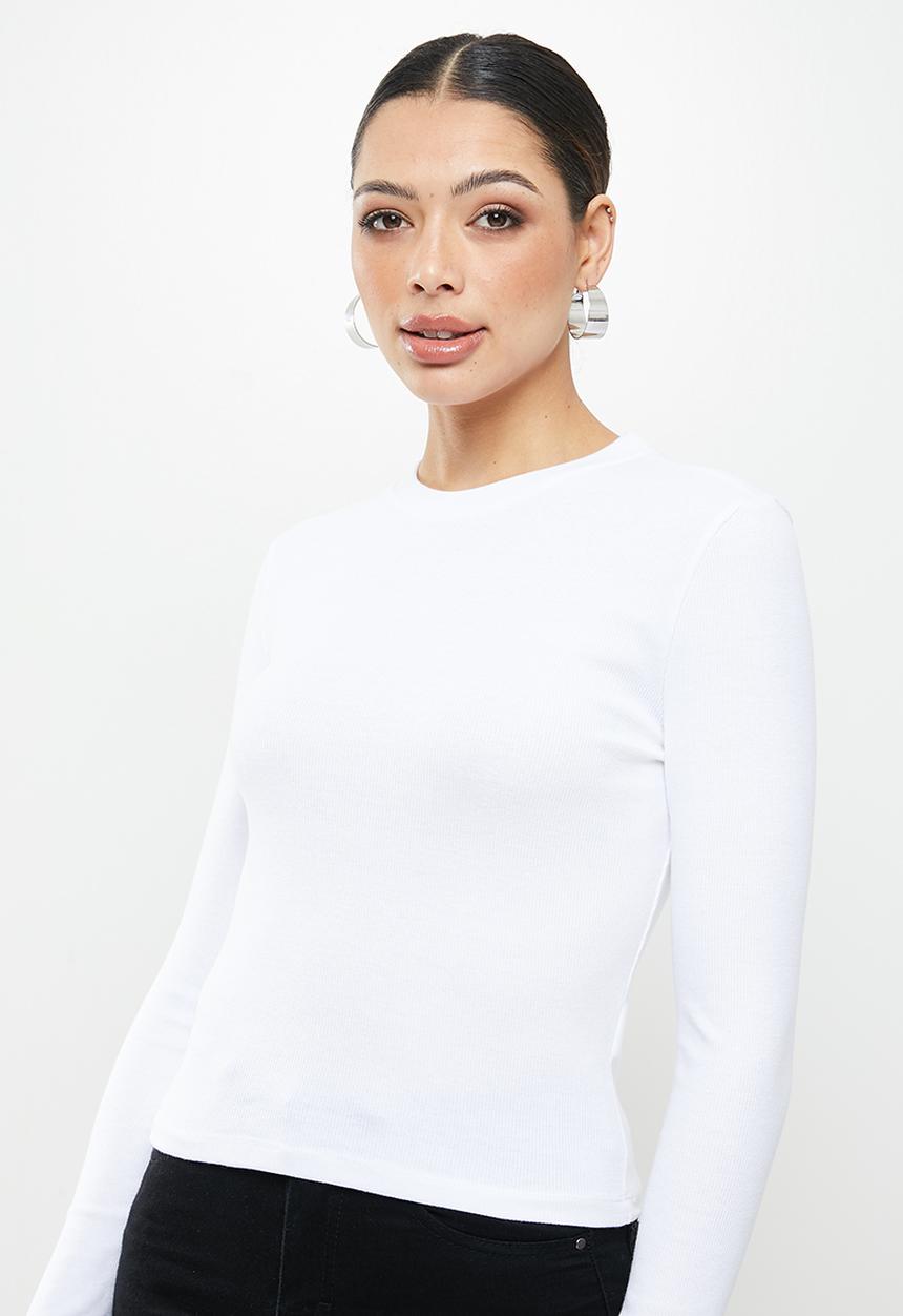 Missguided - Long sleeve crew neck ribbed top - white