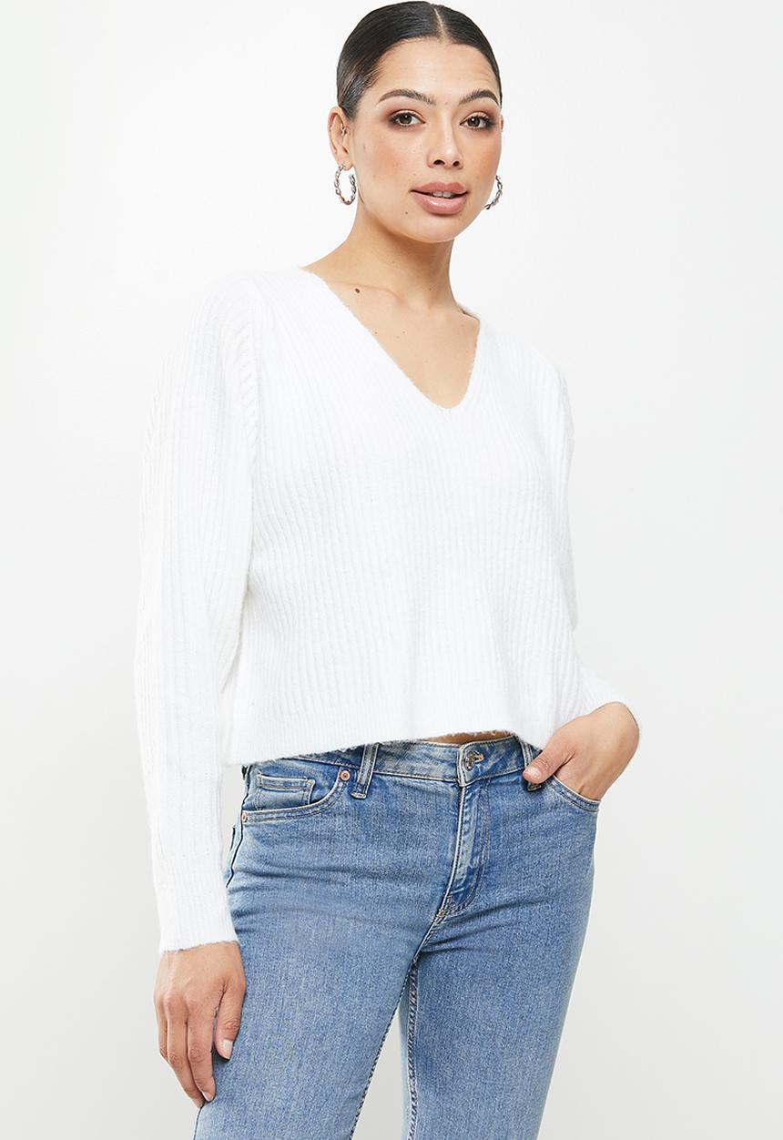 Missguided - Rib recycled V-neck jumper - white