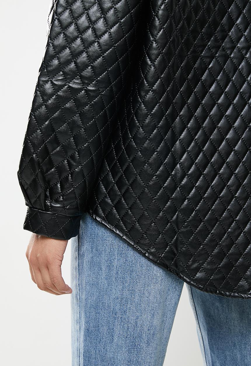 Missguided - Pu diamond quilted shacket coat - black 