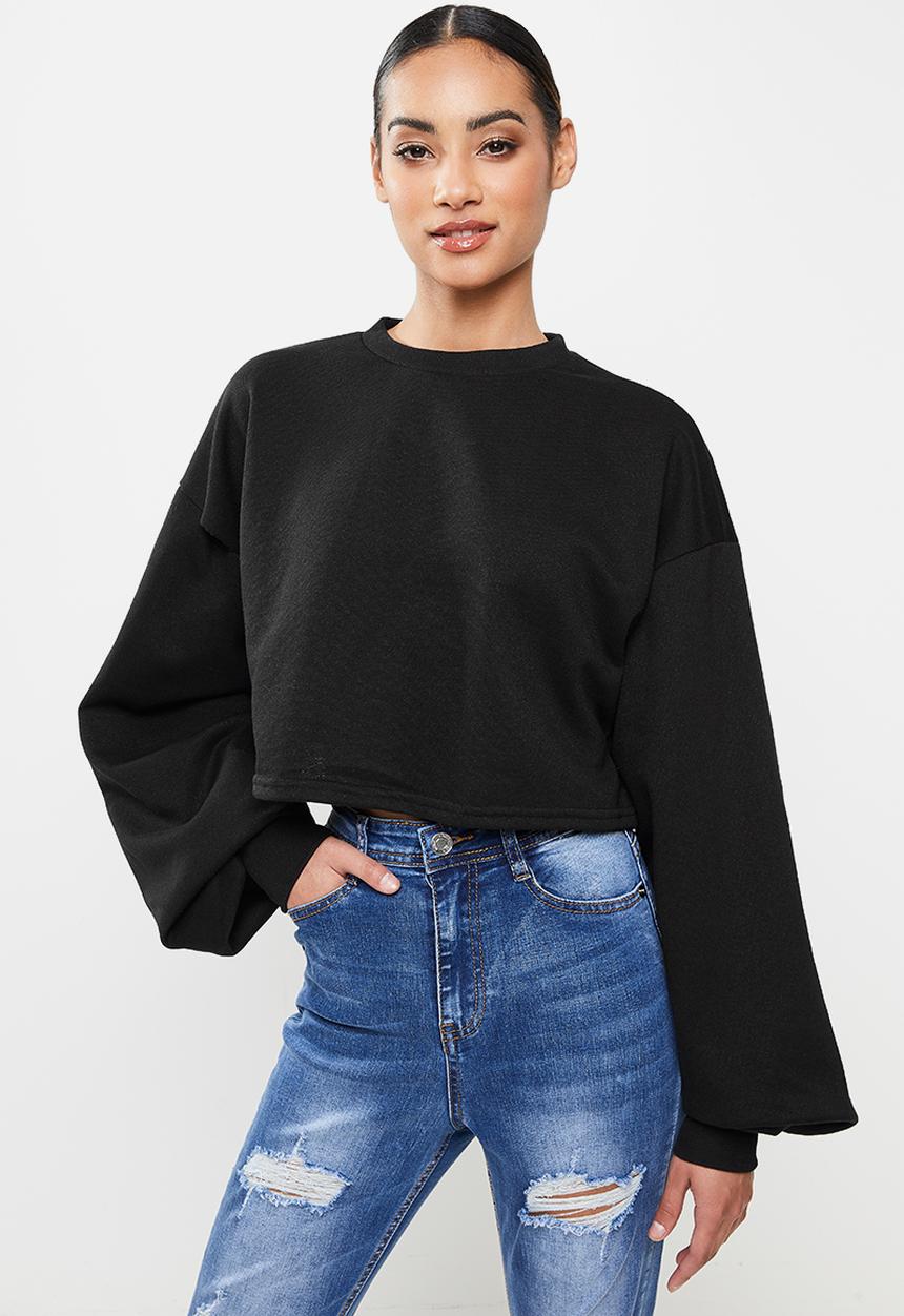 Missguided - Petite balloon sleeve oversized crop sweat - black