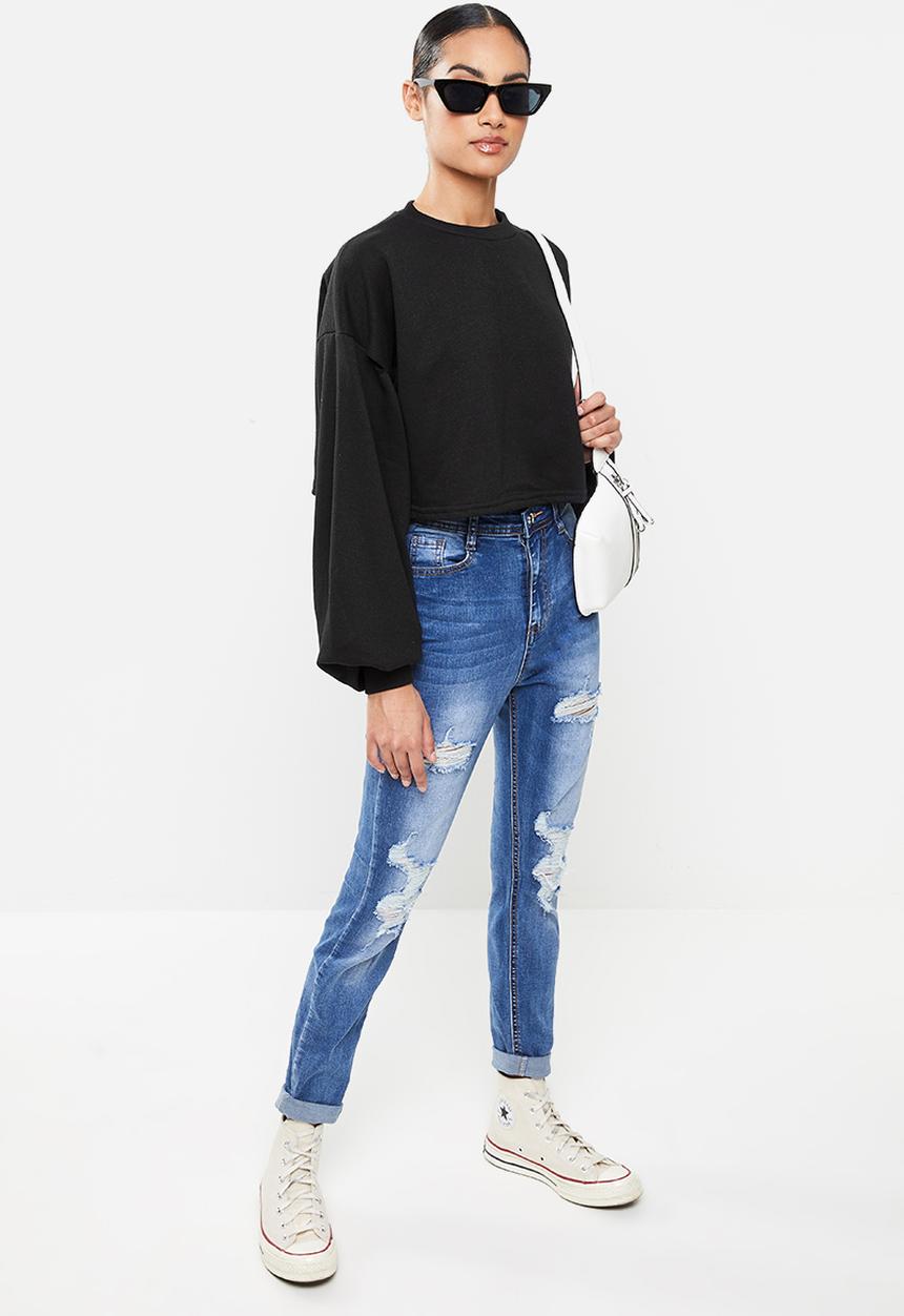 Missguided - Petite balloon sleeve oversized crop sweat - black